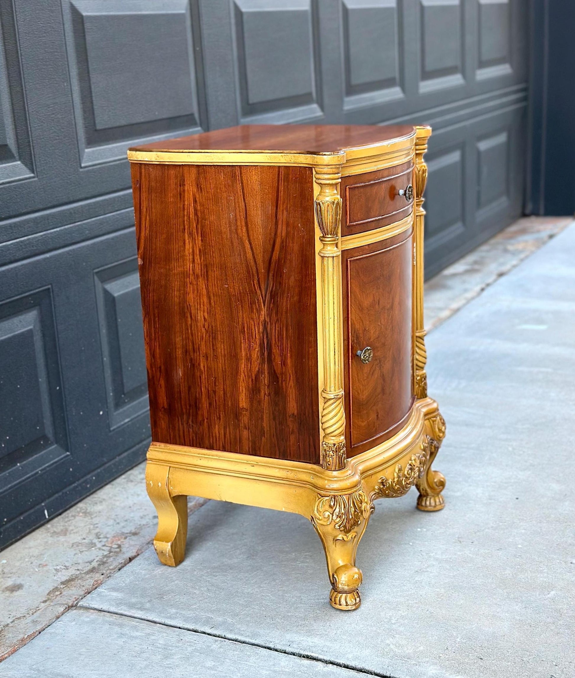 Vintage Mid 1900's French Walnut Wood Carved Cabinet Side Table