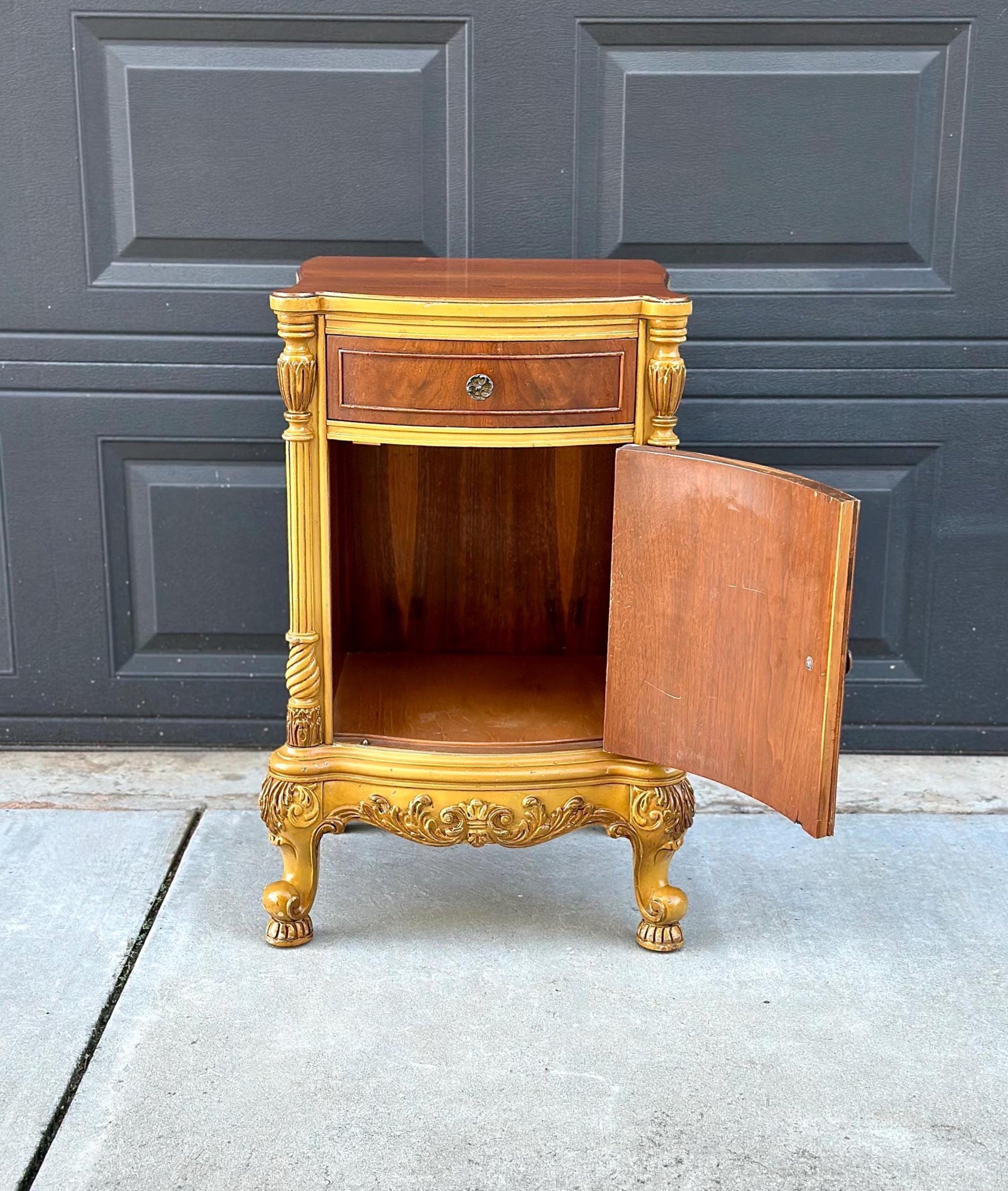 Vintage Mid 1900's French Walnut Wood Carved Cabinet Side Table