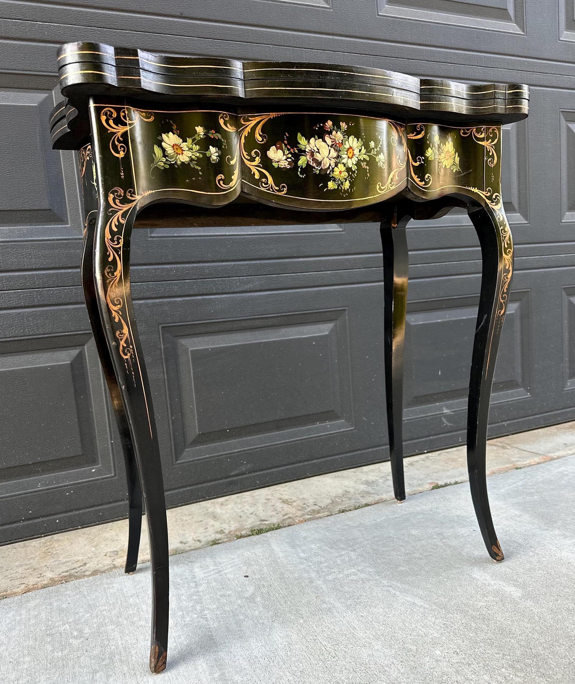 Antique Early 1900's Hand Painted Florentine Console & Flip Top Game Table