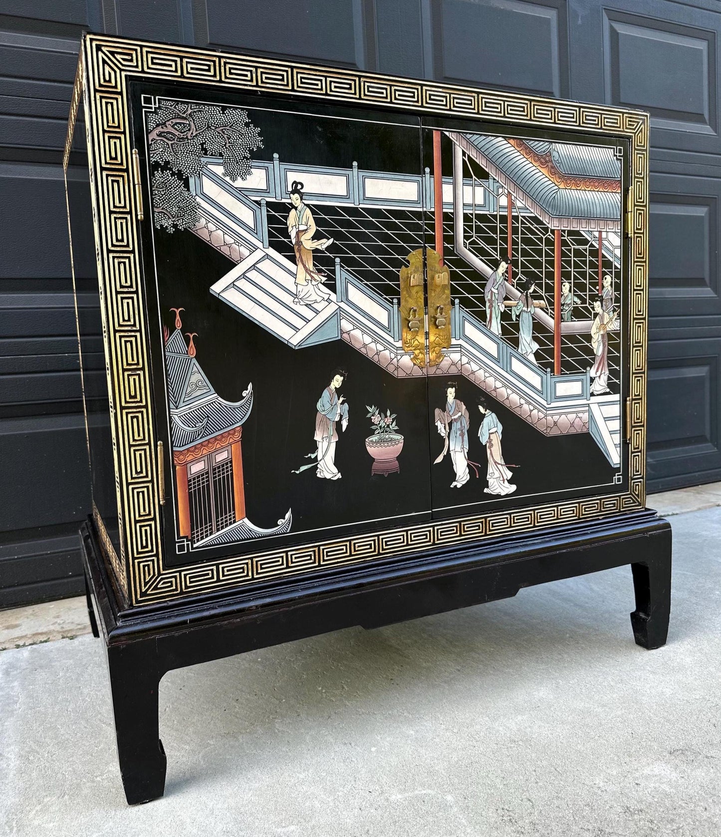 Vintage Mid 1900's Large Hand Painted Oriental Raised Storage Chest