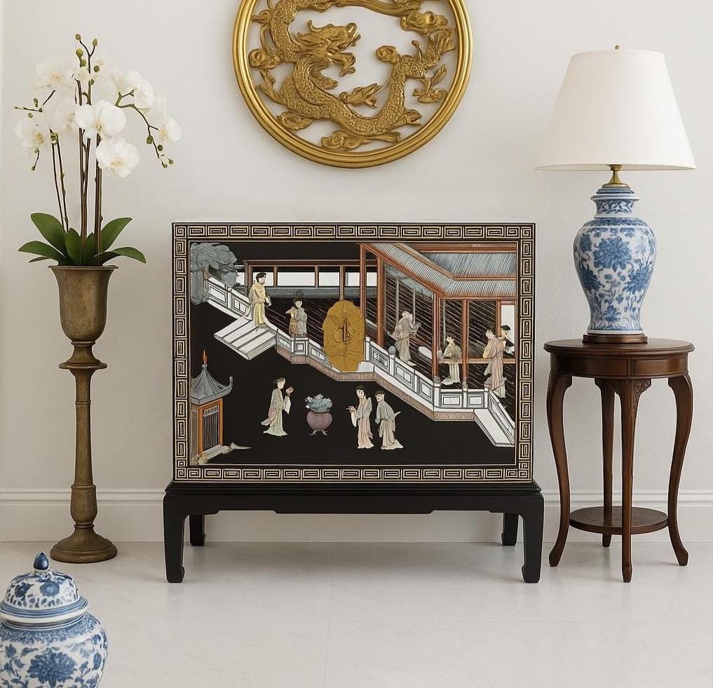 Vintage Mid 1900's Large Hand Painted Oriental Raised Storage Chest
