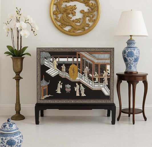 Vintage Mid 1900's Large Hand Painted Oriental Raised Storage Chest