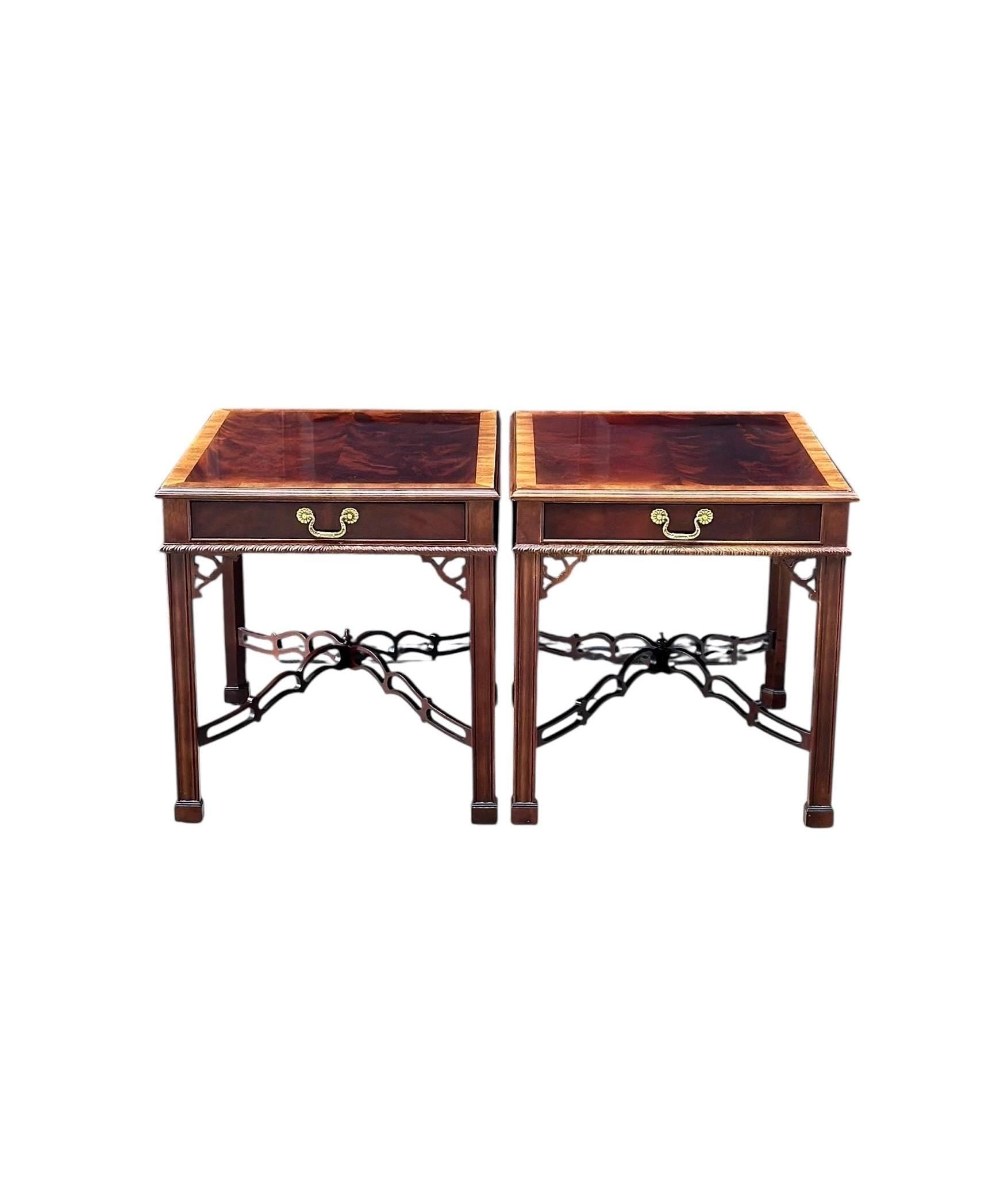 Vintage 1970's Banded Flame Mahogany Chippendale Side Tables by Drexel - a Pair