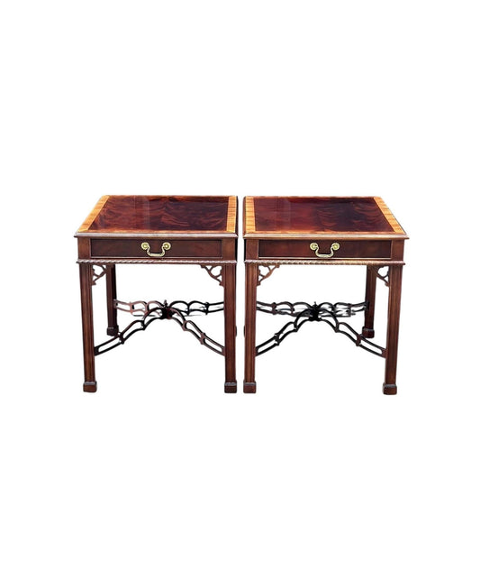 Vintage 1970's Banded Flame Mahogany Chippendale Side Tables by Drexel - a Pair