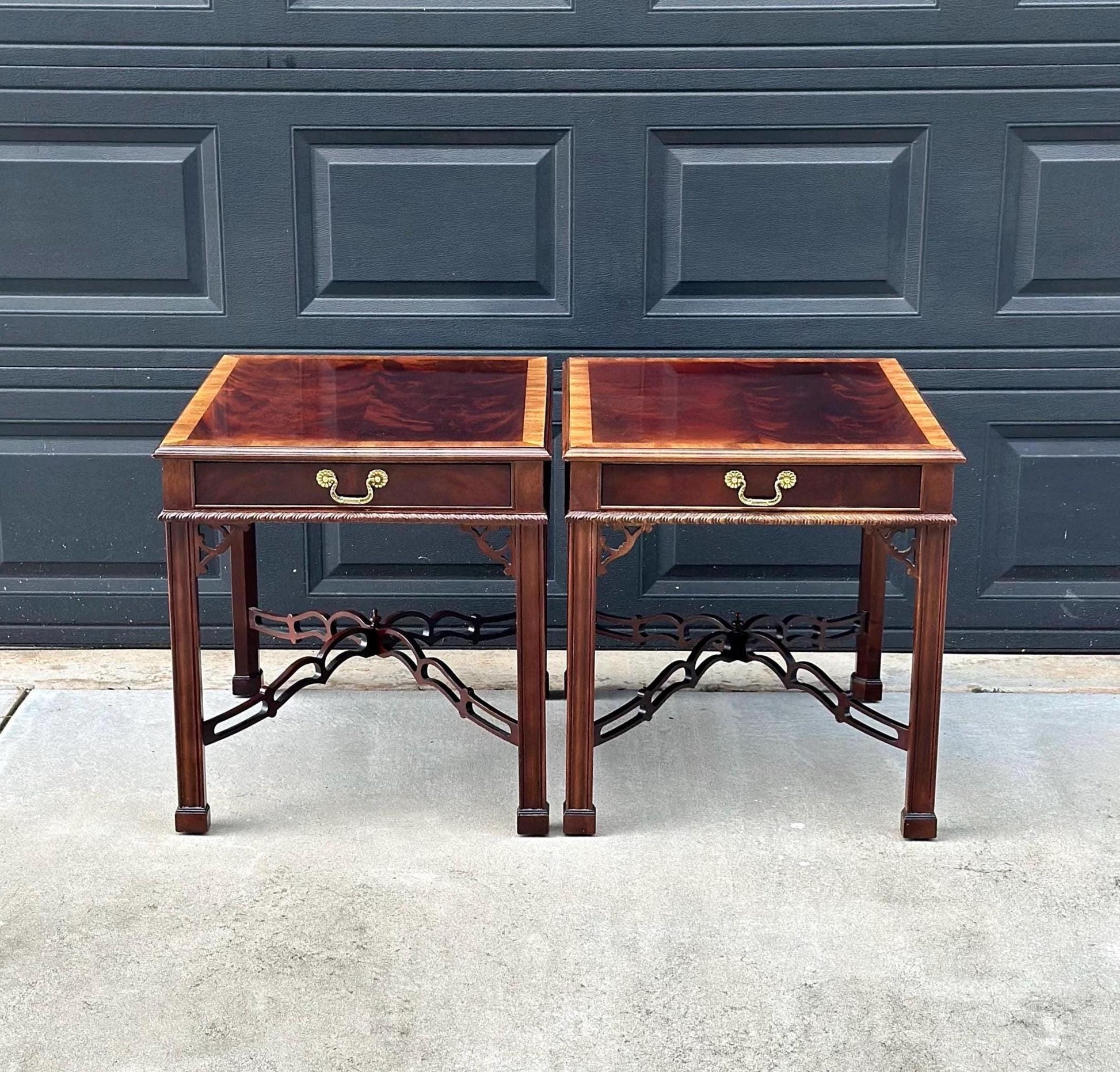 Vintage 1970's Banded Flame Mahogany Chippendale Side Tables by Drexel - a Pair