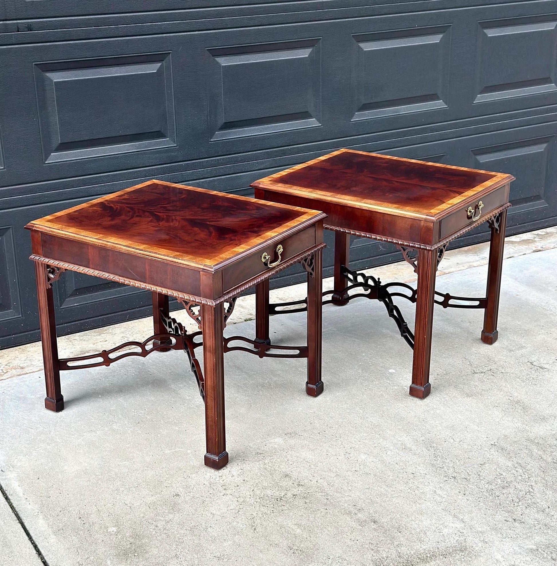 Vintage 1970's Banded Flame Mahogany Chippendale Side Tables by Drexel - a Pair