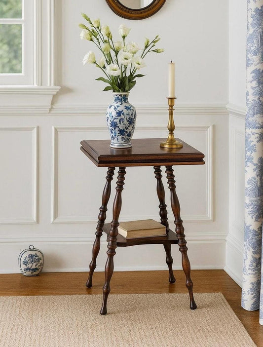 Antique Early 1900's Solid Wood Spindle Leg Mahogany Accent Table