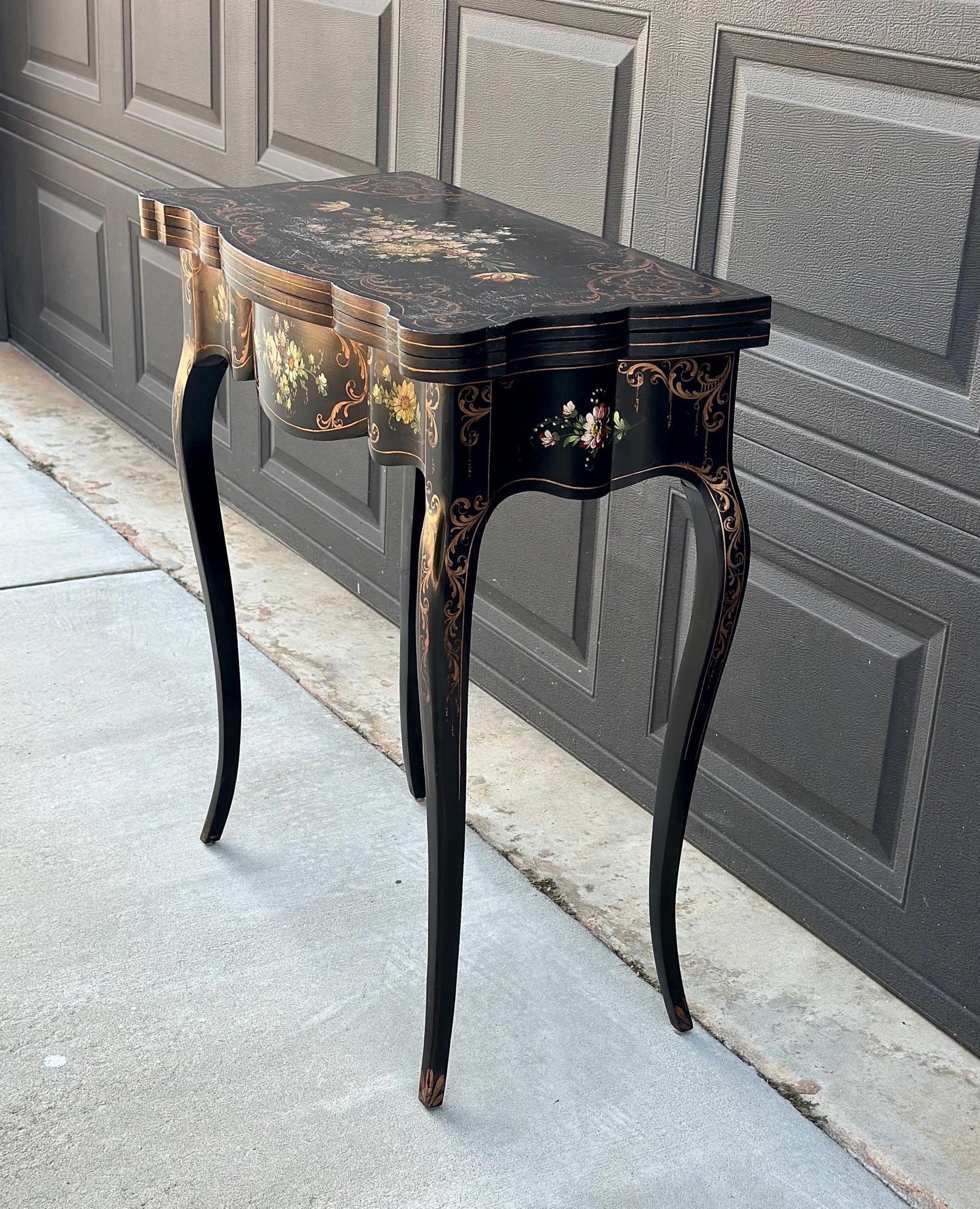 Antique Early 1900's Hand Painted Florentine Console & Flip Top Game Table