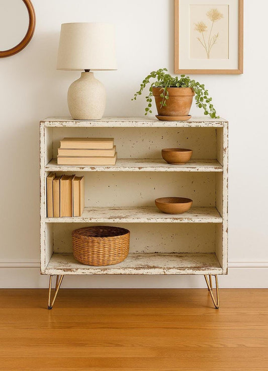 Vintage 1960's Solid Wood Rustic Hairpin Leg Bookshelf