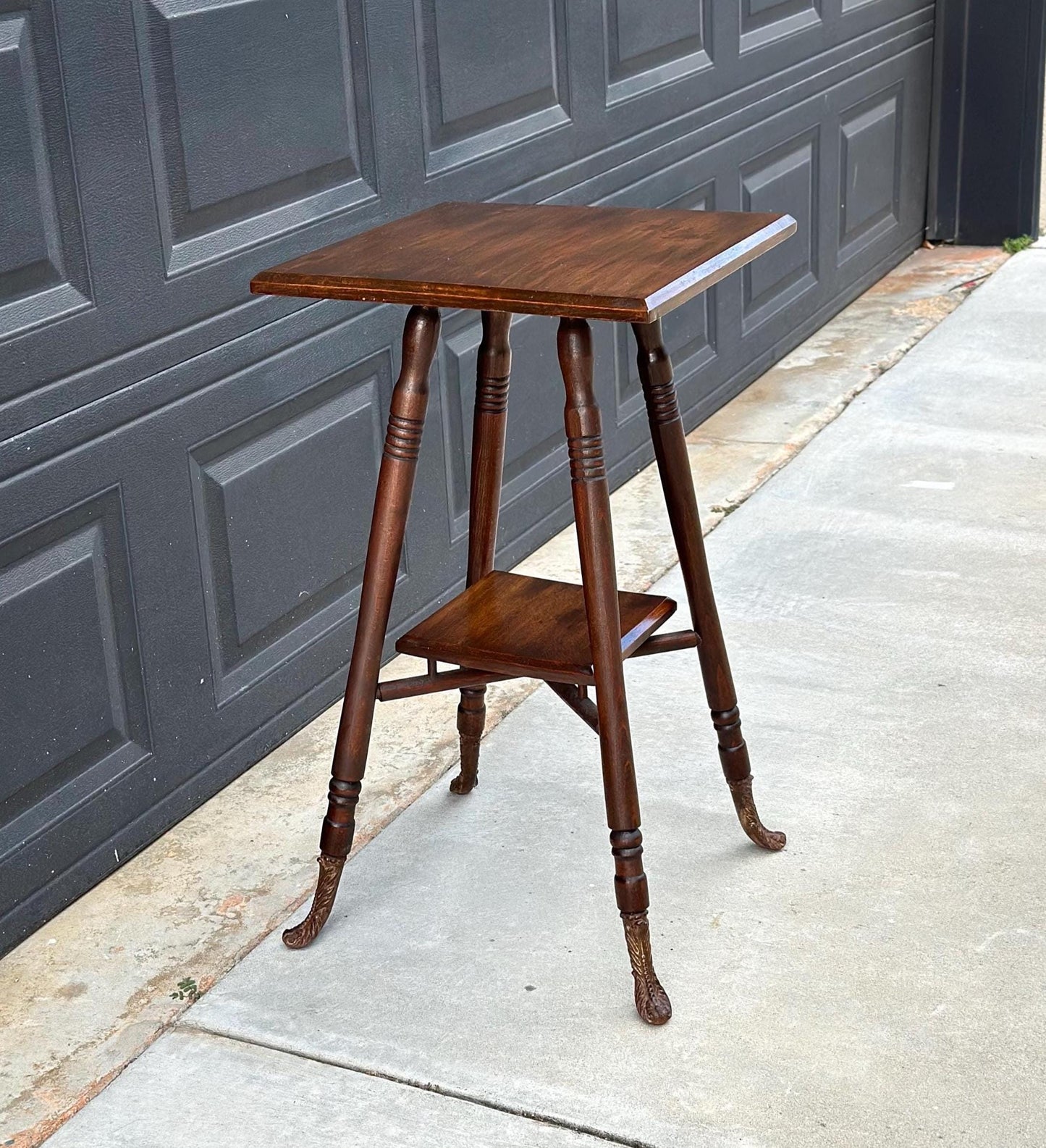 Antique Late 1800's Solid Oak Wood Accent Table with Ornate Iron Feet