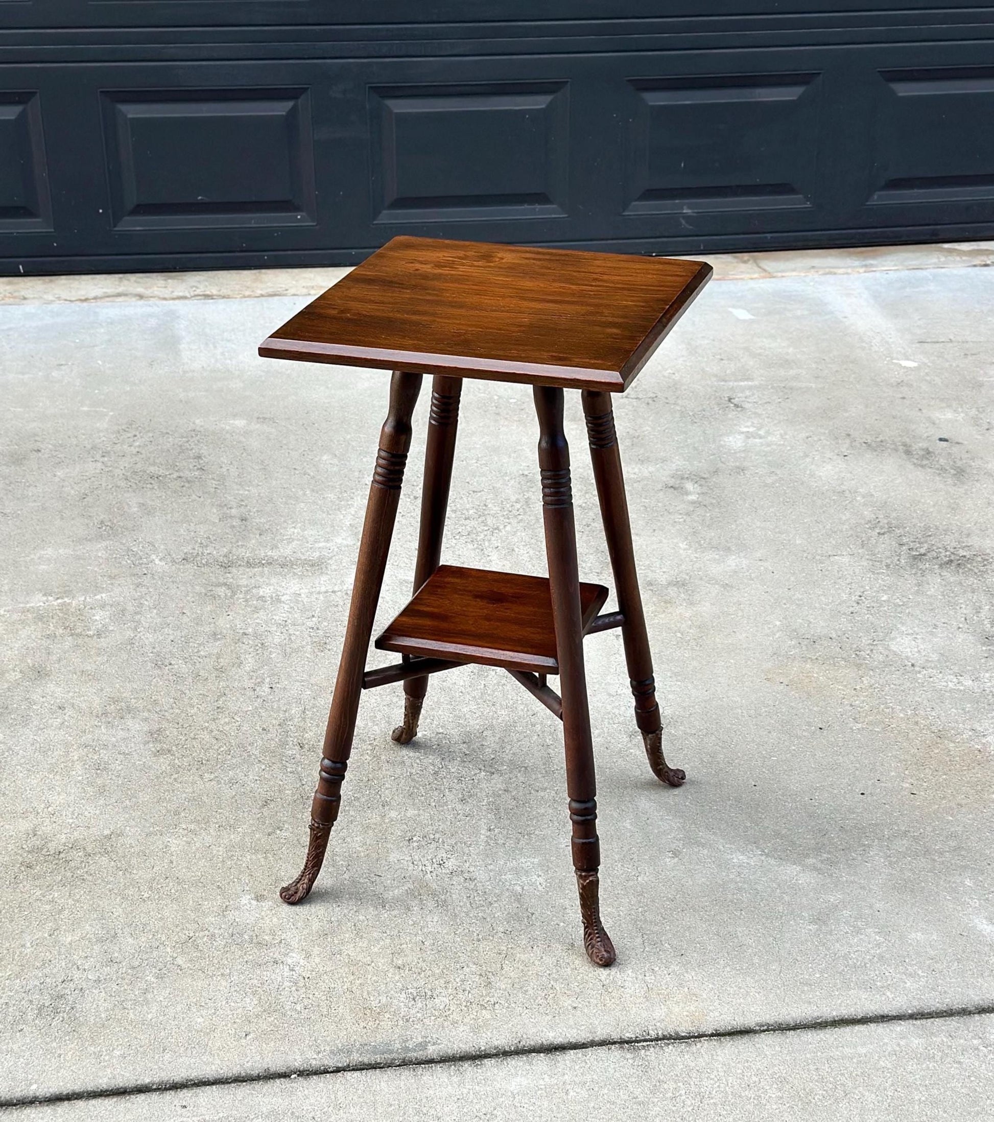 Antique Late 1800's Solid Oak Wood Accent Table with Ornate Iron Feet