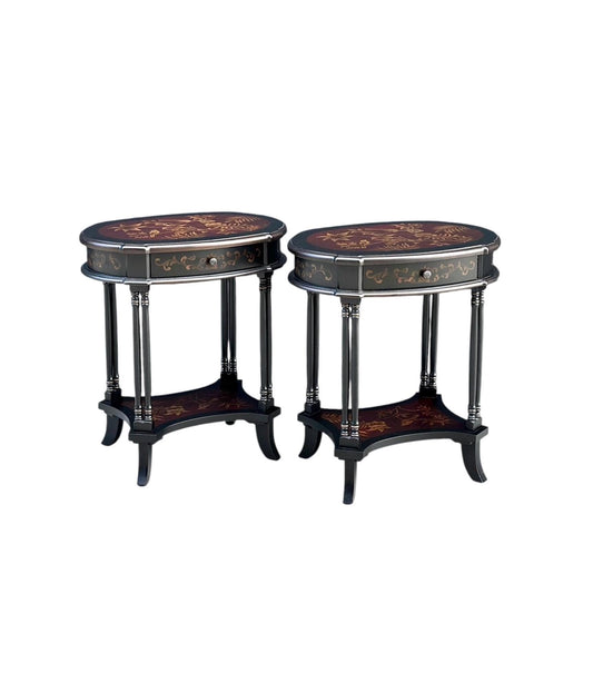 Vintage 1980's Black End Tables with Floral & Bird Accents - a Pair