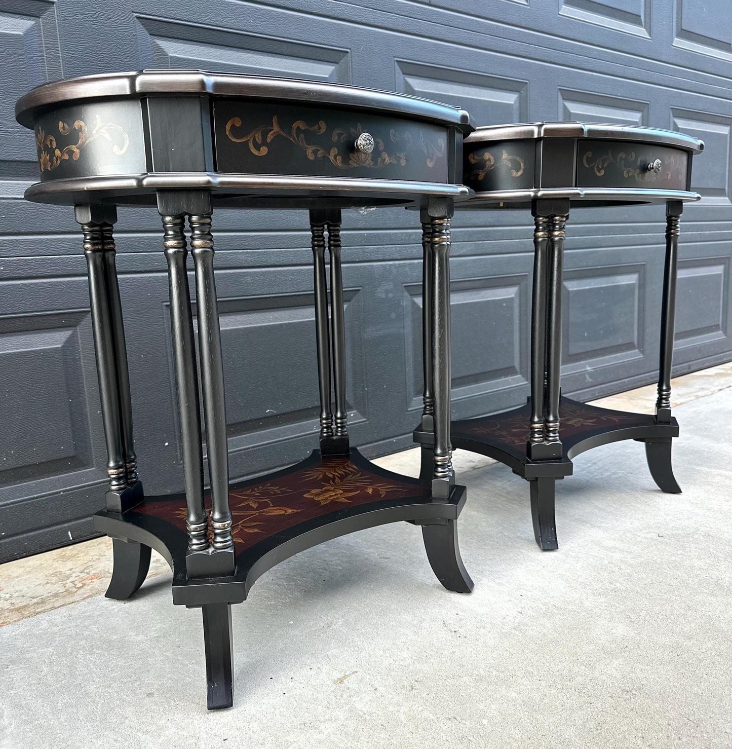 Vintage 1980's Black End Tables with Floral & Bird Accents - a Pair