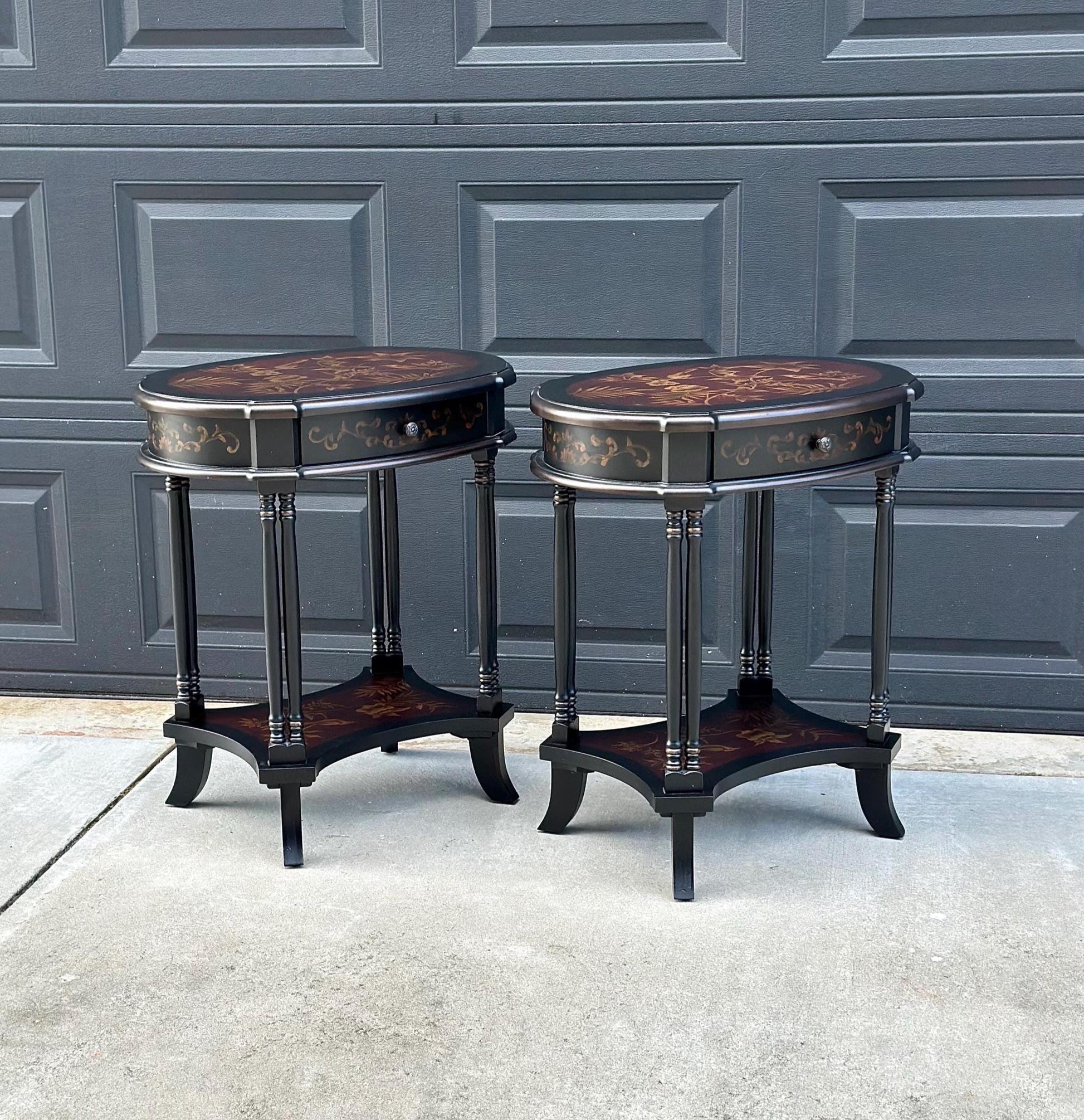 Vintage 1980's Black End Tables with Floral & Bird Accents - a Pair