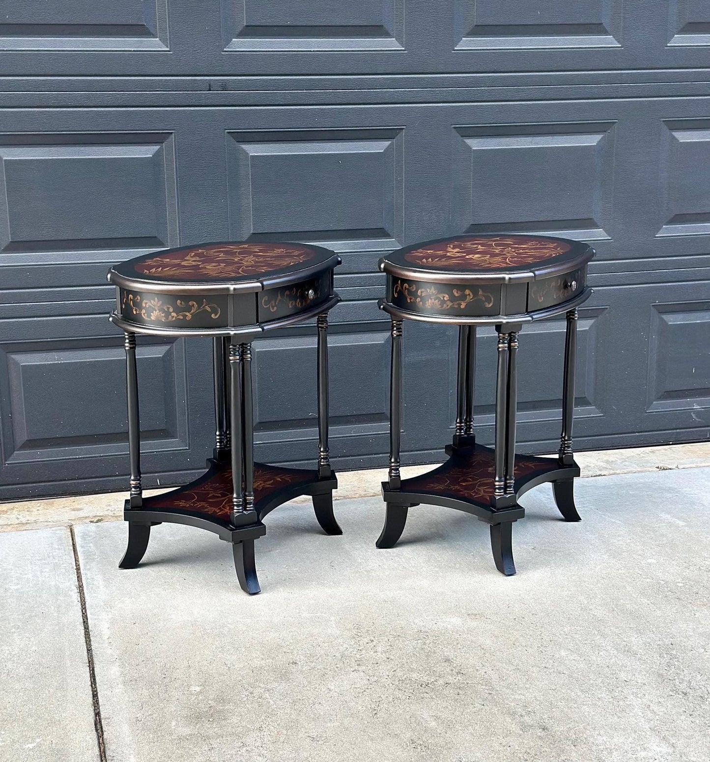 Vintage 1980's Black End Tables with Floral & Bird Accents - a Pair