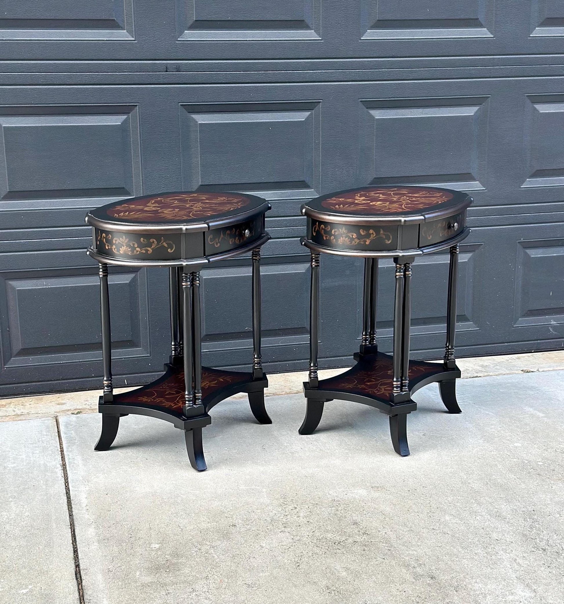 Vintage 1980's Black End Tables with Floral & Bird Accents - a Pair