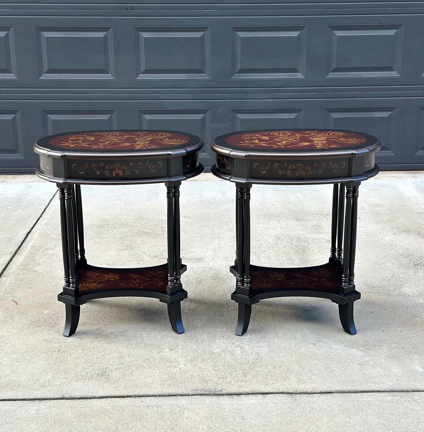 Vintage 1980's Black End Tables with Floral & Bird Accents - a Pair