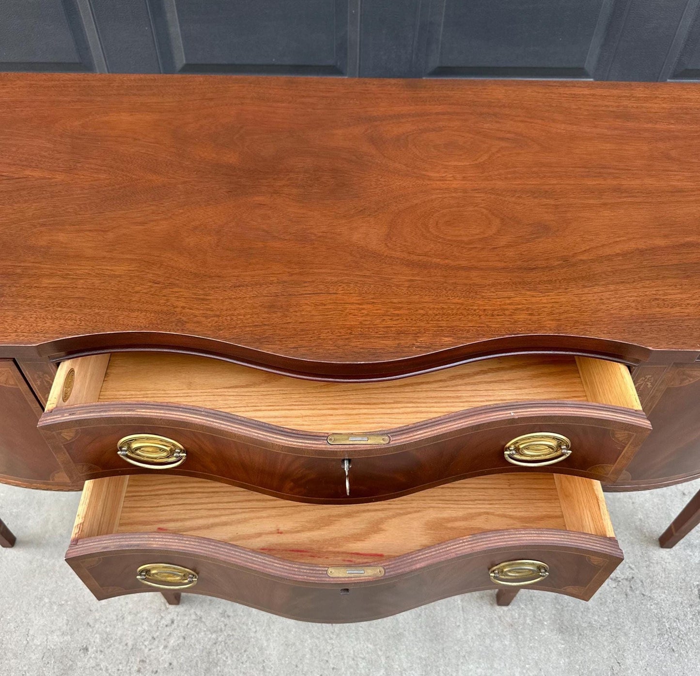 Vintage Mid 1900's Sheraton Serpentine Front Councill Craftsmen Inlaid Mahogany Buffet Console Table