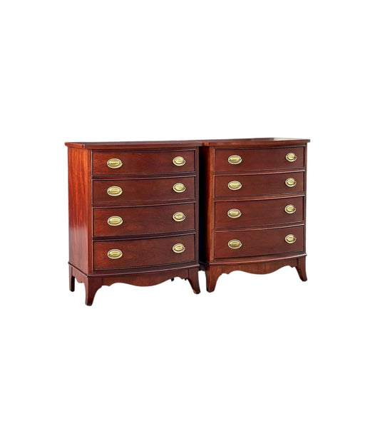 Vintage Mahogany Bow Front Hepplewhite Four Drawer Thomasville Nightstands - a Pair