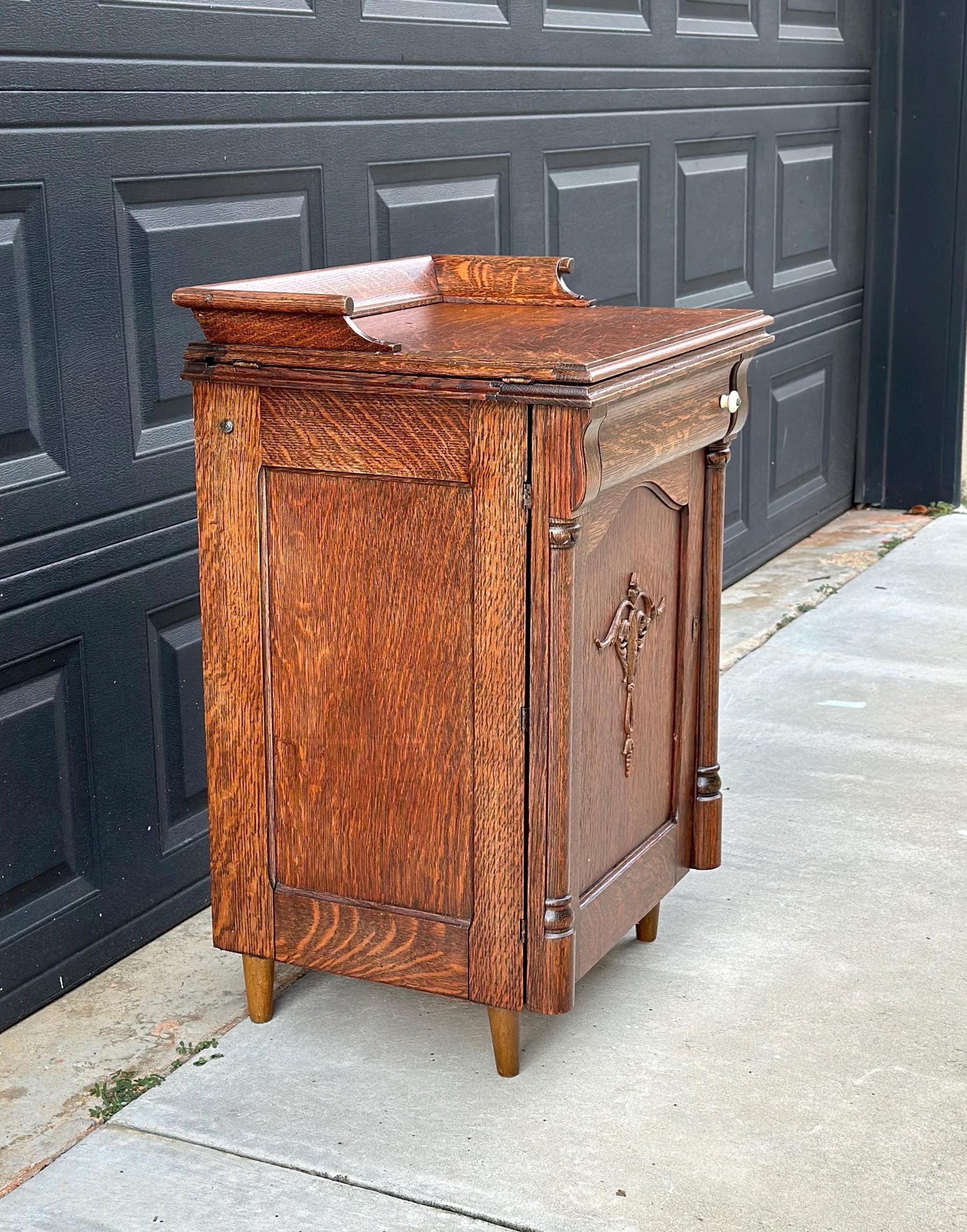 Antique Late 1800's Quarter Sawn Oak Carved Accent Cabinet