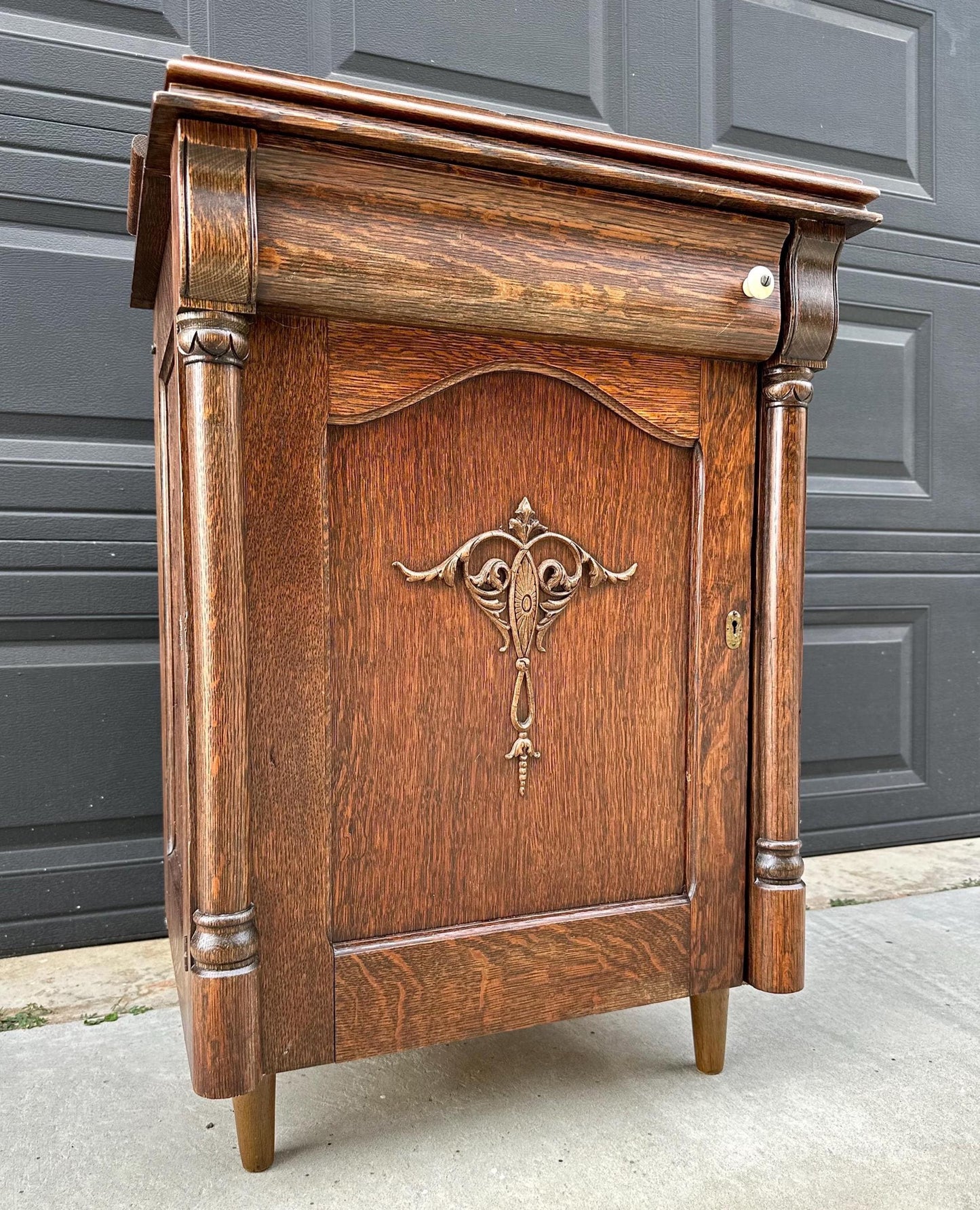 Antique Late 1800's Quarter Sawn Oak Carved Accent Cabinet