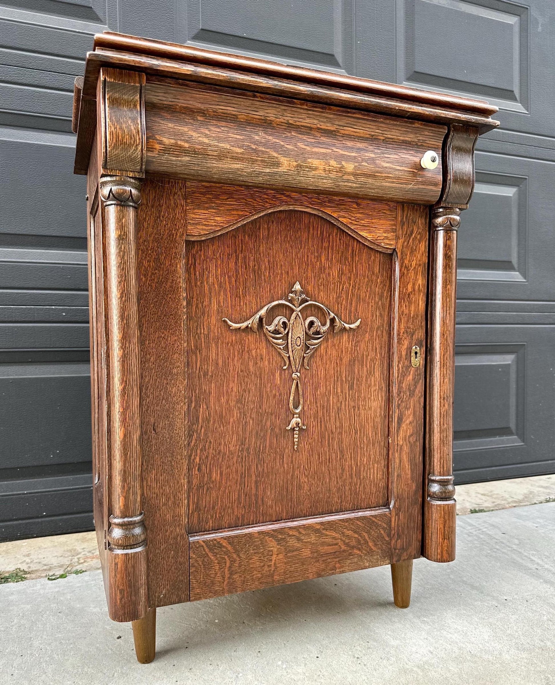 Antique Late 1800's Quarter Sawn Oak Carved Accent Cabinet
