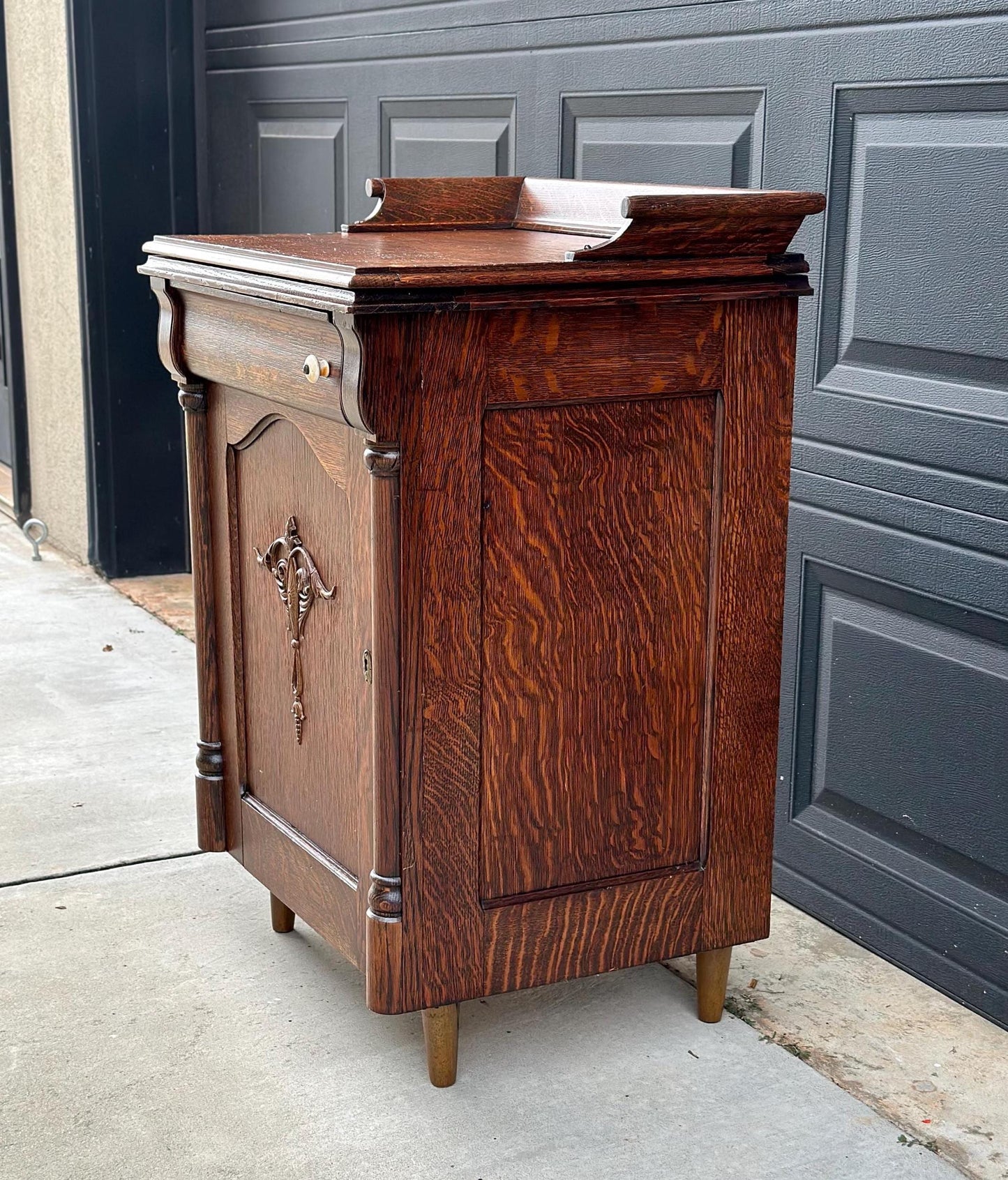 Antique Late 1800's Quarter Sawn Oak Carved Accent Cabinet