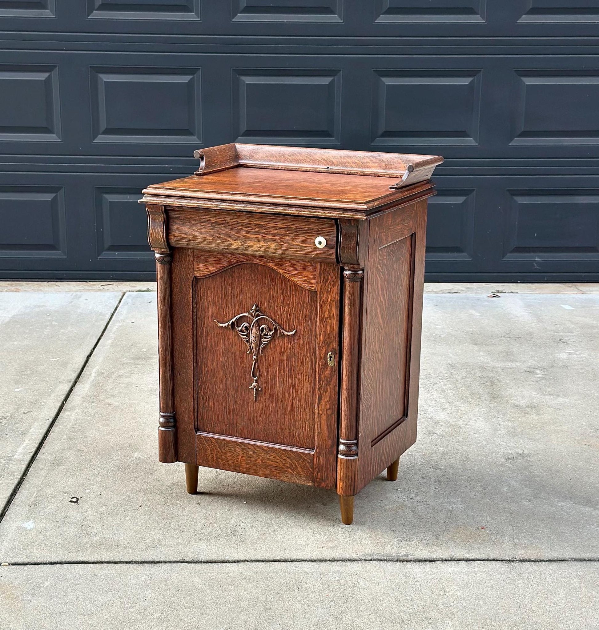 Antique Late 1800's Quarter Sawn Oak Carved Accent Cabinet