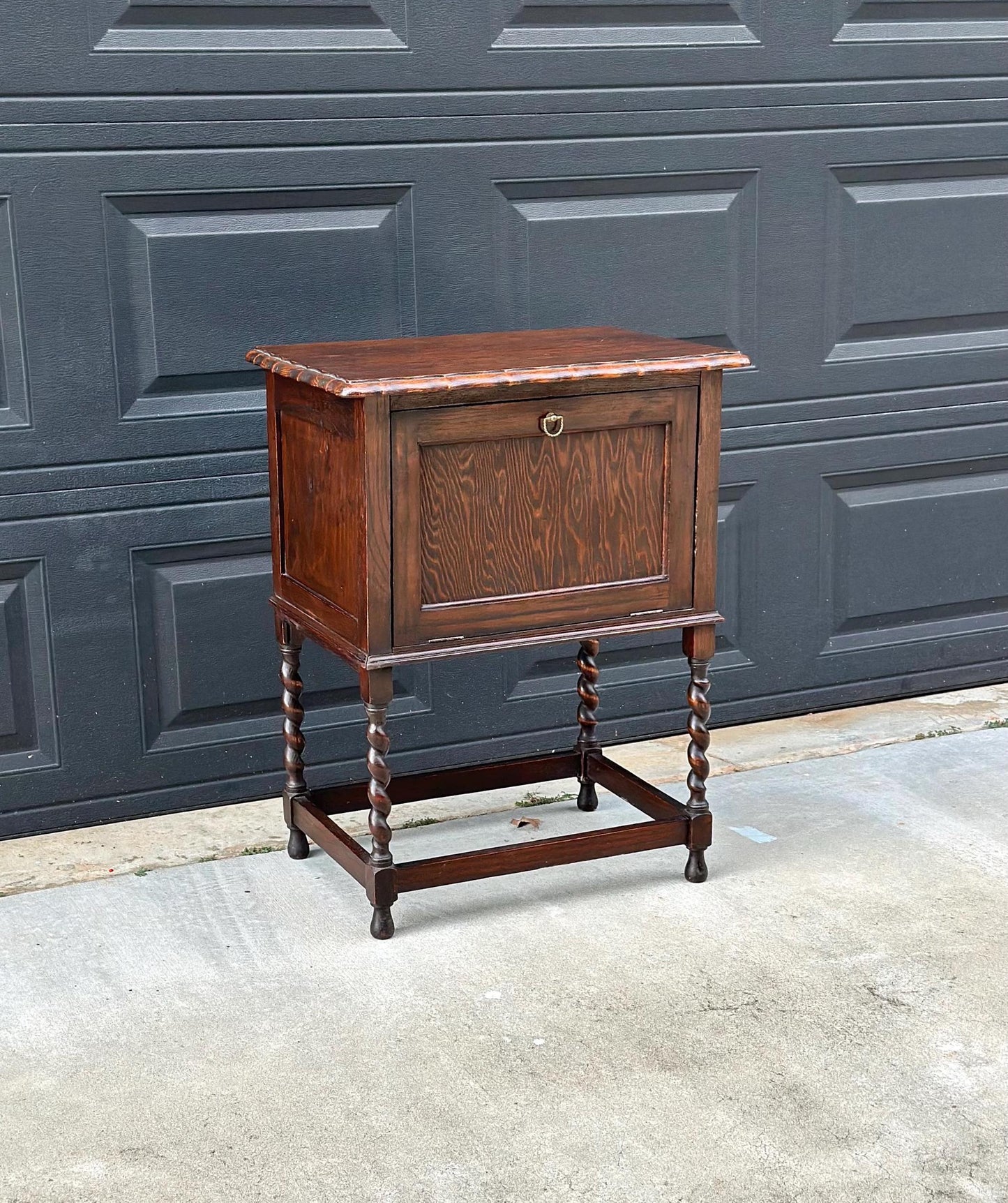 Antique Early 1900's Barley Twist Dark Oak Raised Accent Cabinet