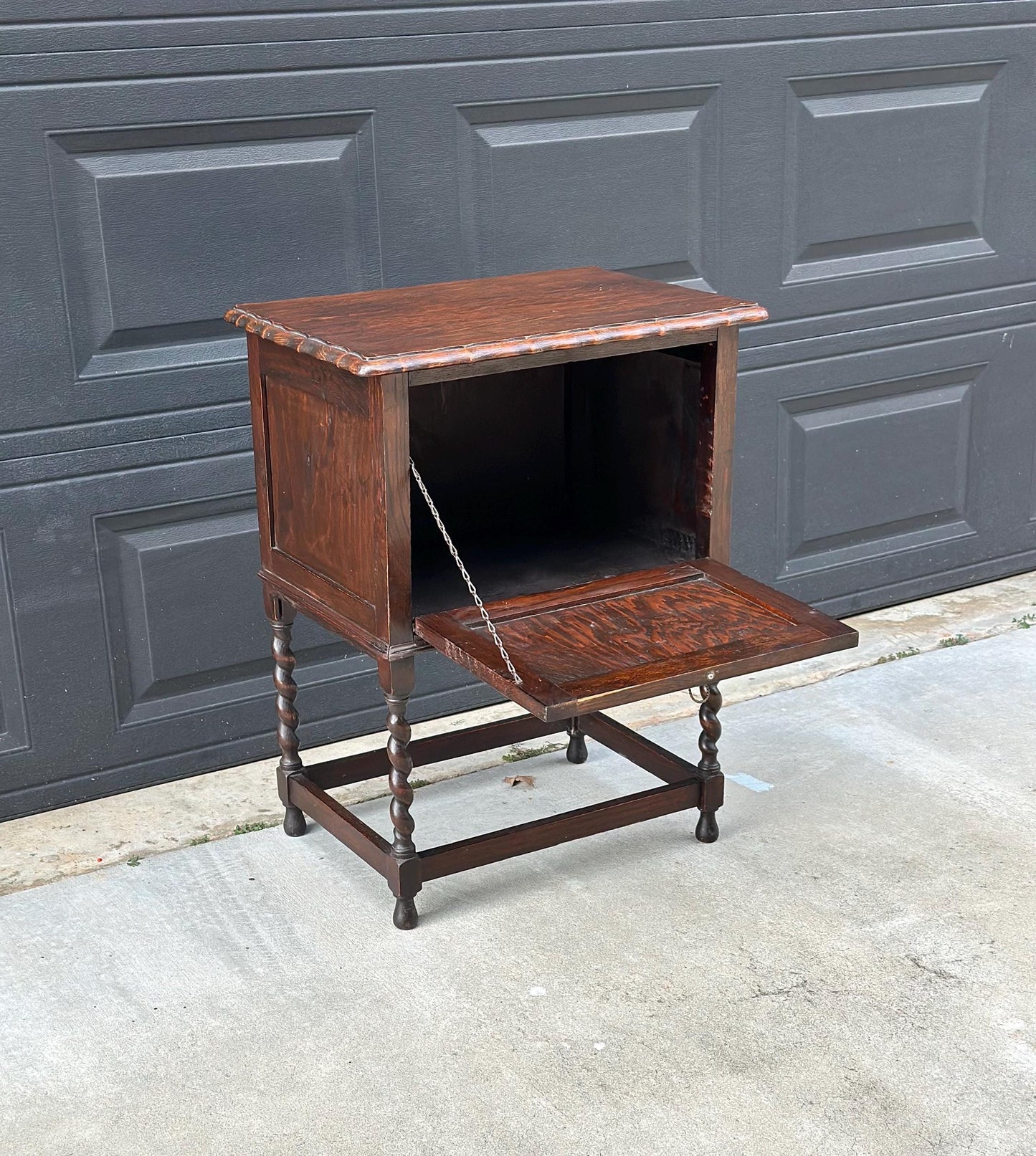 Antique Early 1900's Barley Twist Dark Oak Raised Accent Cabinet