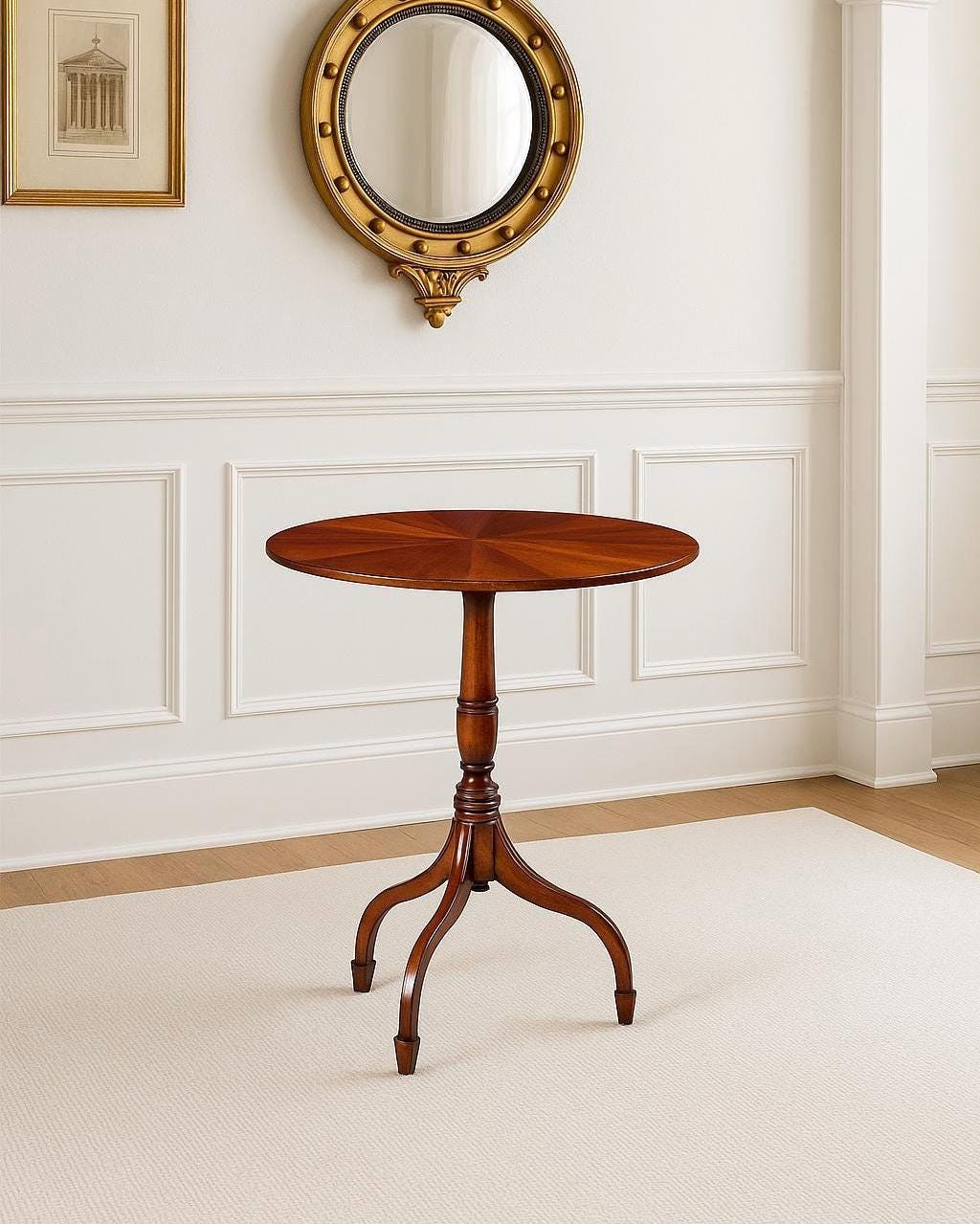 Vintage Mid 1900's Inlaid Cherry Wood Federal Tripod Side Table