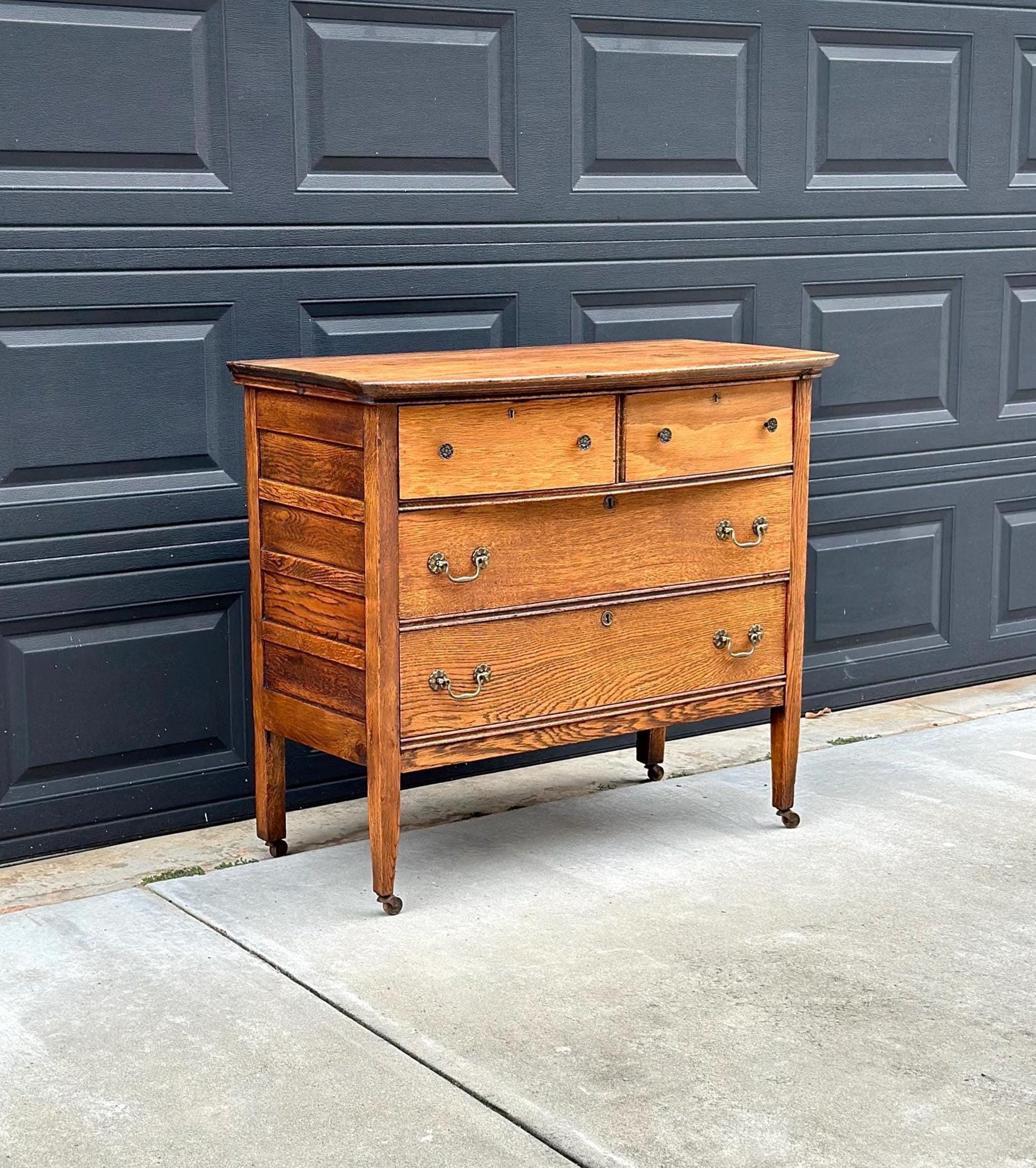 Antique Early 1900's Solid Wood Quarter Sawn Oak Four Drawer Raised Chest on Casters
