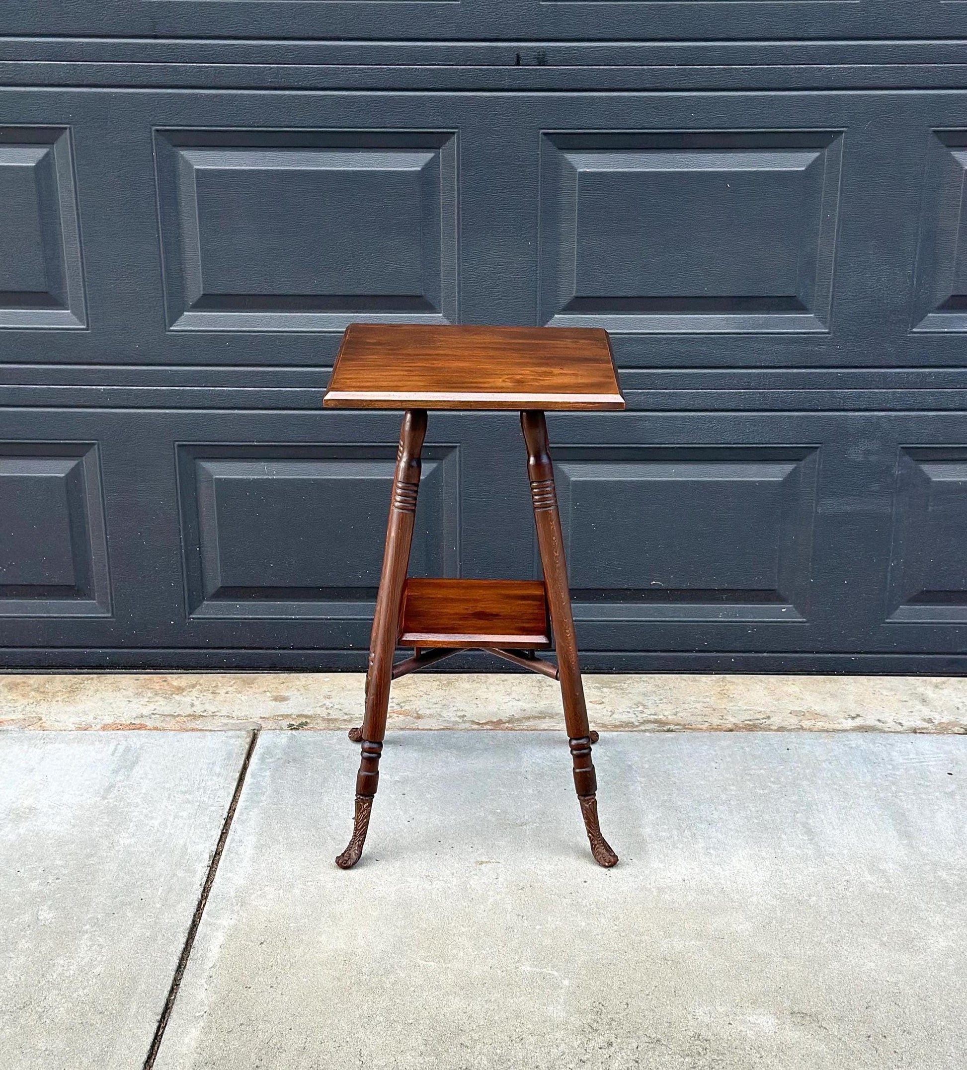 Antique Late 1800's Solid Oak Wood Accent Table with Ornate Iron Feet