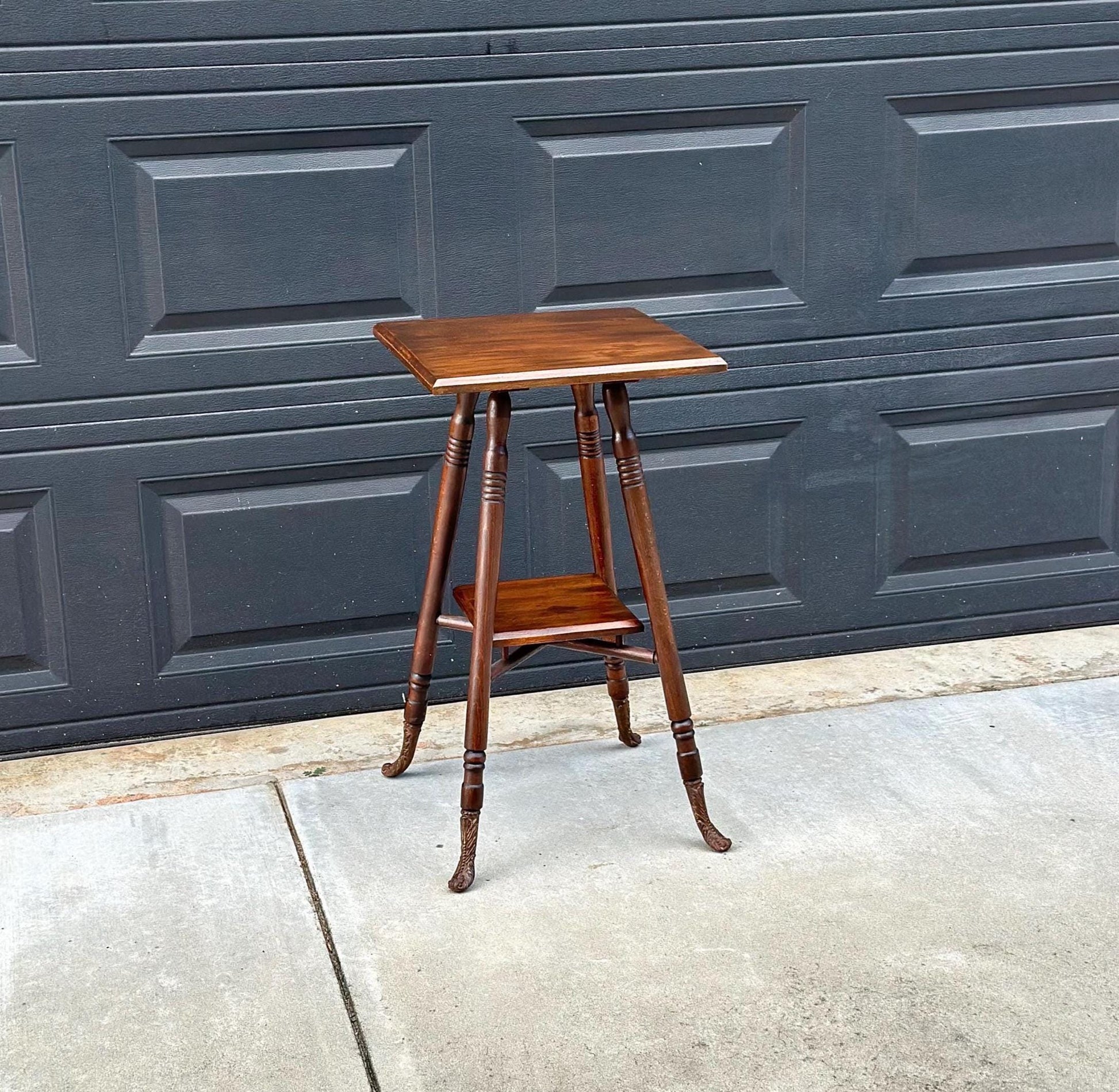 Antique Late 1800's Solid Oak Wood Accent Table with Ornate Iron Feet
