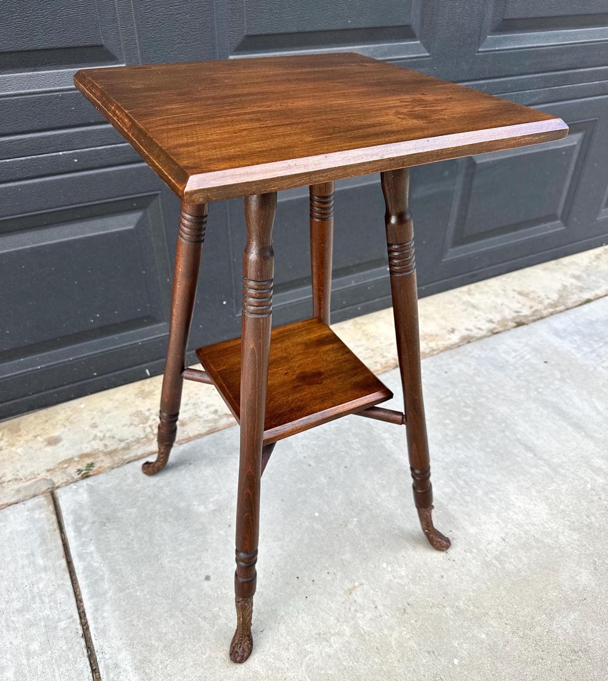 Antique Late 1800's Solid Oak Wood Accent Table with Ornate Iron Feet