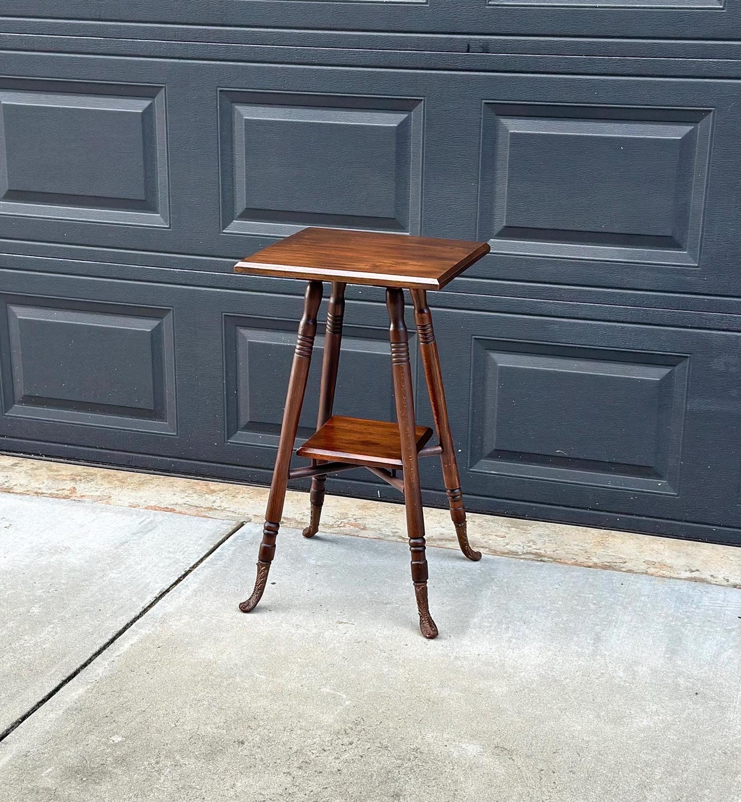 Antique Late 1800's Solid Oak Wood Accent Table with Ornate Iron Feet