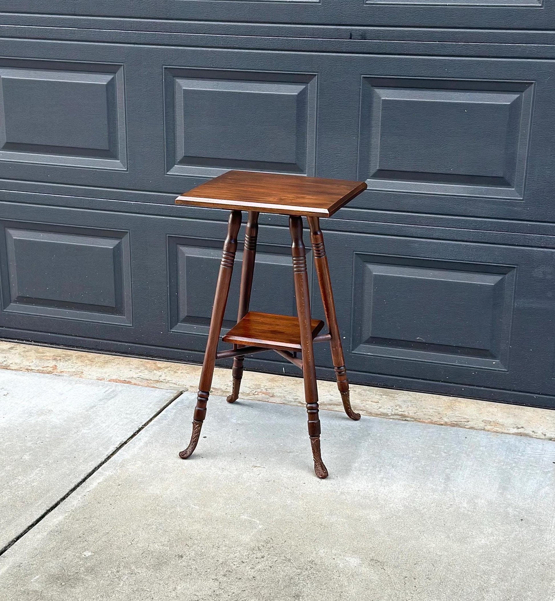 Antique Late 1800's Solid Oak Wood Accent Table with Ornate Iron Feet