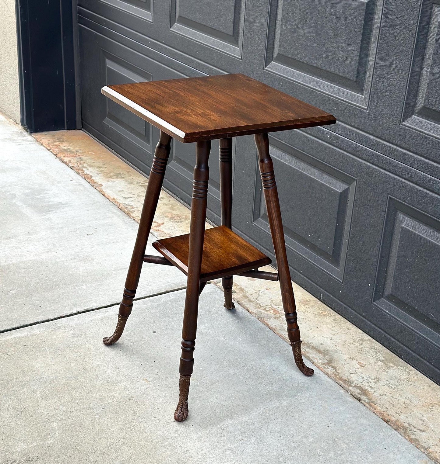 Antique Late 1800's Solid Oak Wood Accent Table with Ornate Iron Feet