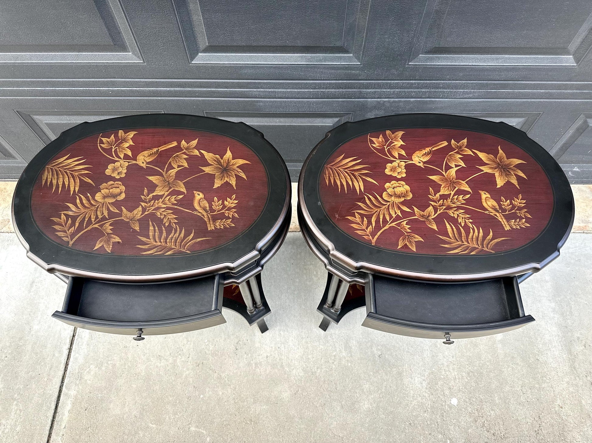 Vintage 1980's Black End Tables with Floral & Bird Accents - a Pair