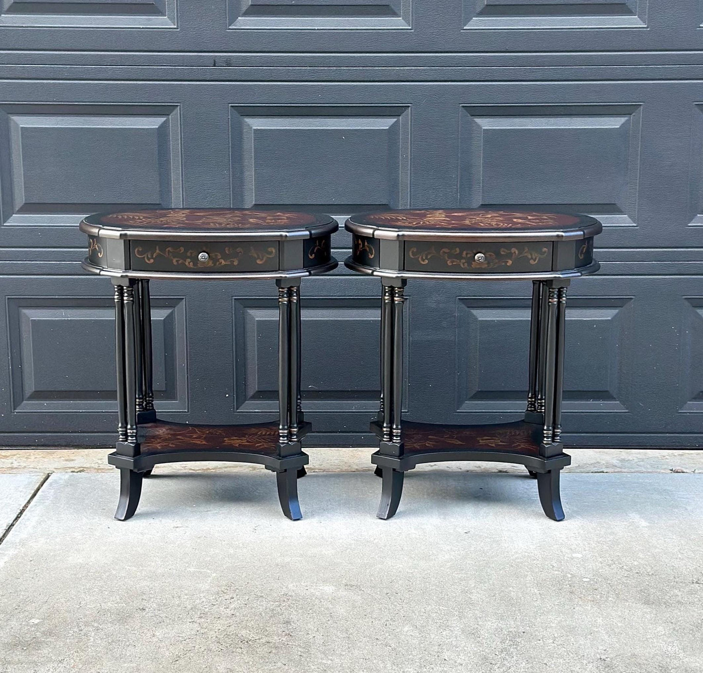 Vintage 1980's Black End Tables with Floral & Bird Accents - a Pair