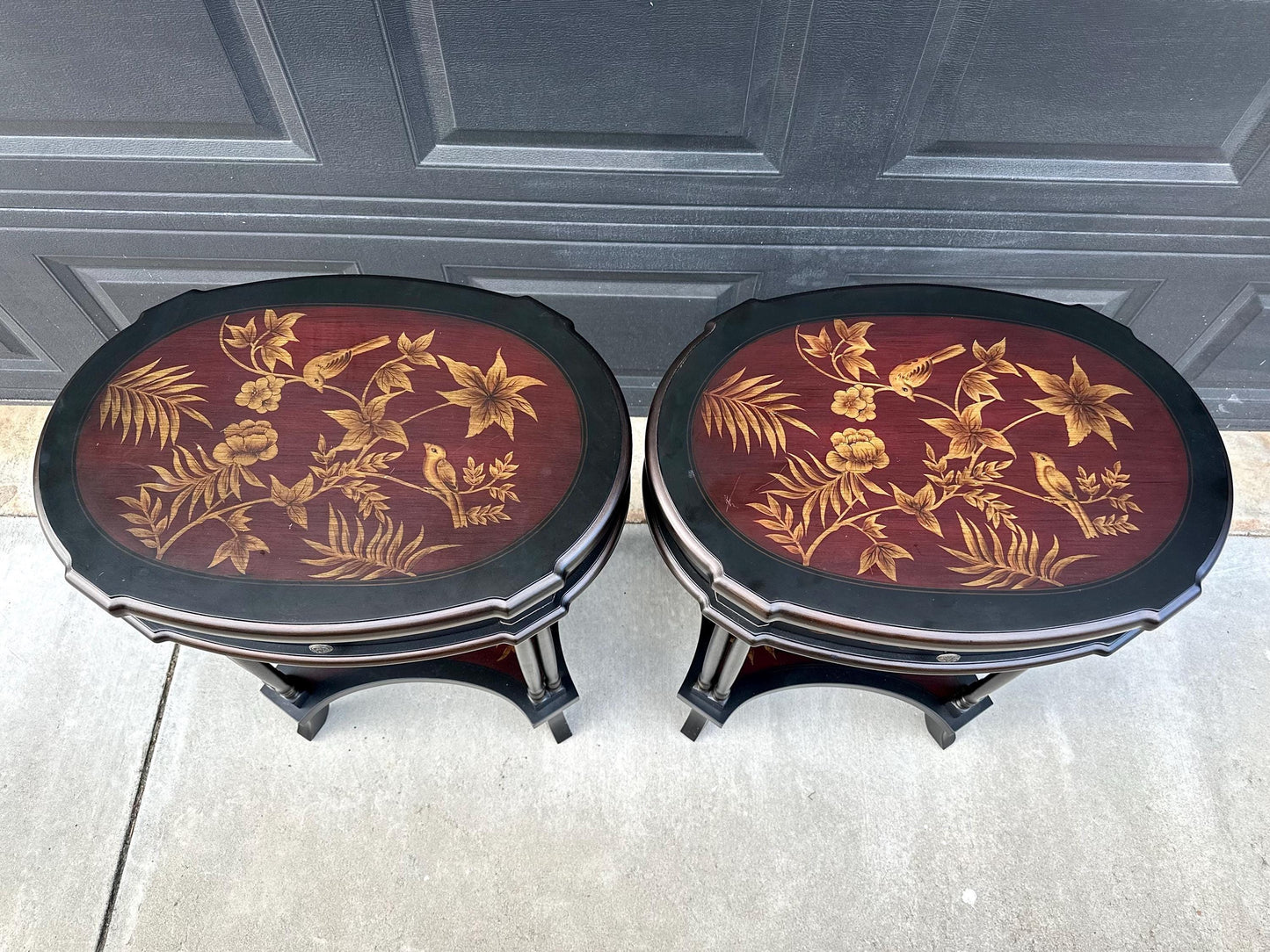 Vintage 1980's Black End Tables with Floral & Bird Accents - a Pair