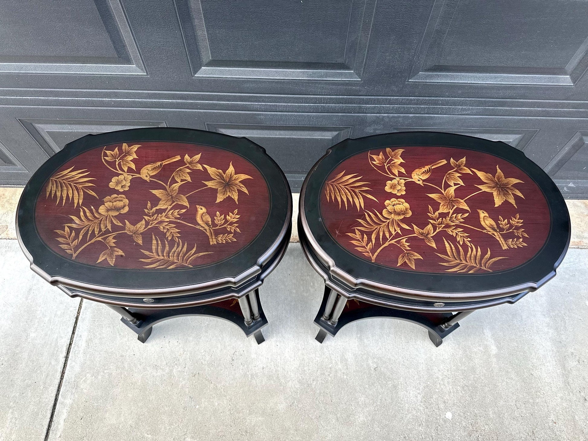 Vintage 1980's Black End Tables with Floral & Bird Accents - a Pair