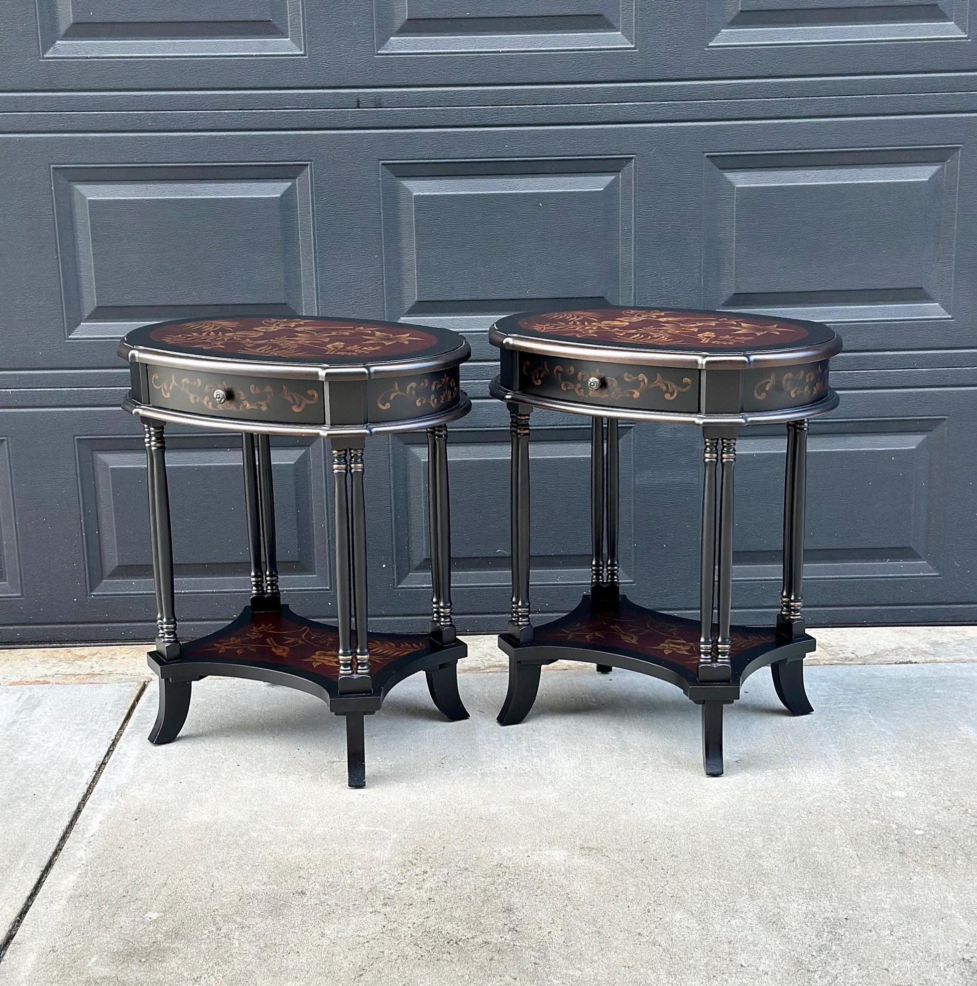 Vintage 1980's Black End Tables with Floral & Bird Accents - a Pair