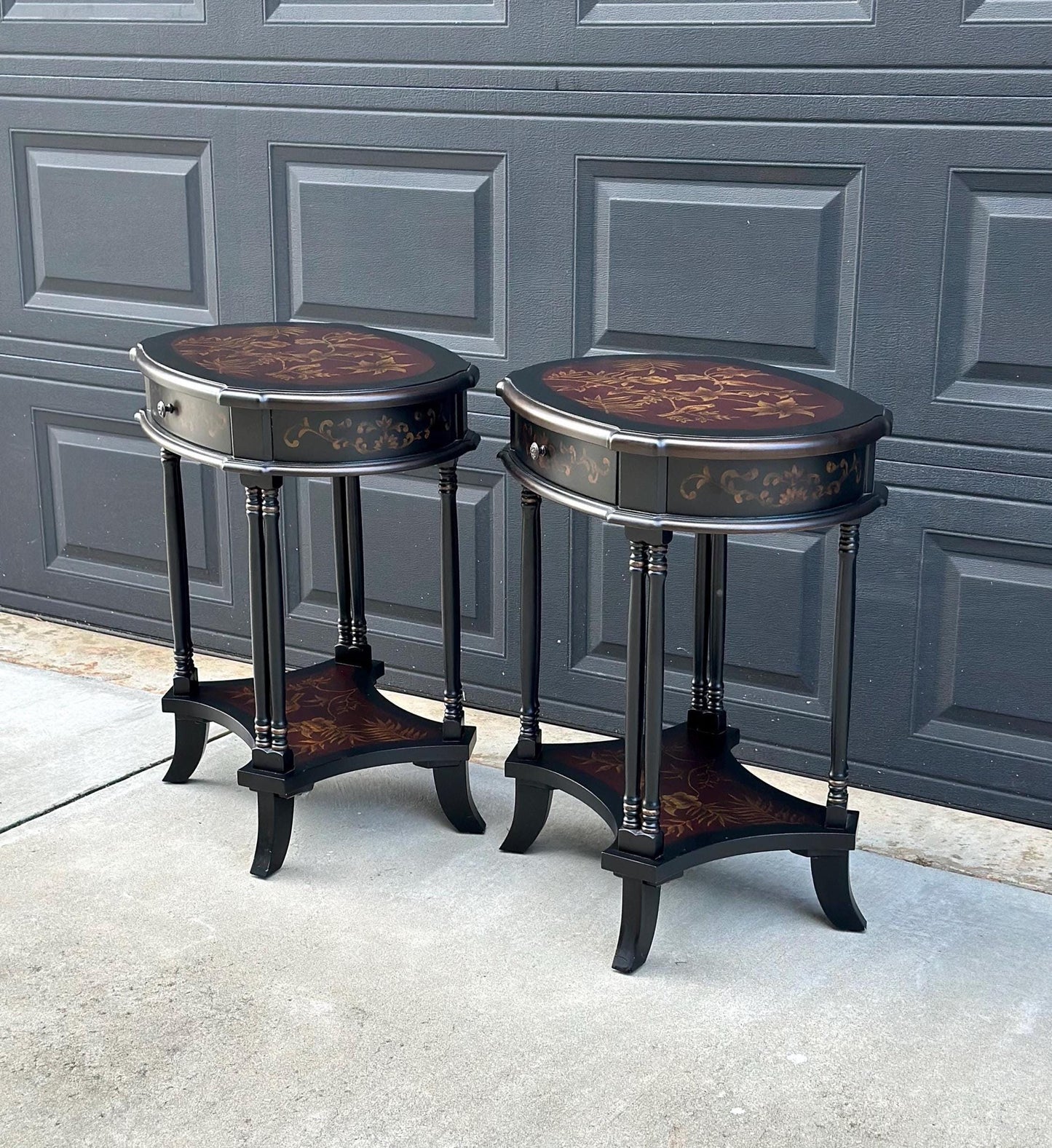 Vintage 1980's Black End Tables with Floral & Bird Accents - a Pair