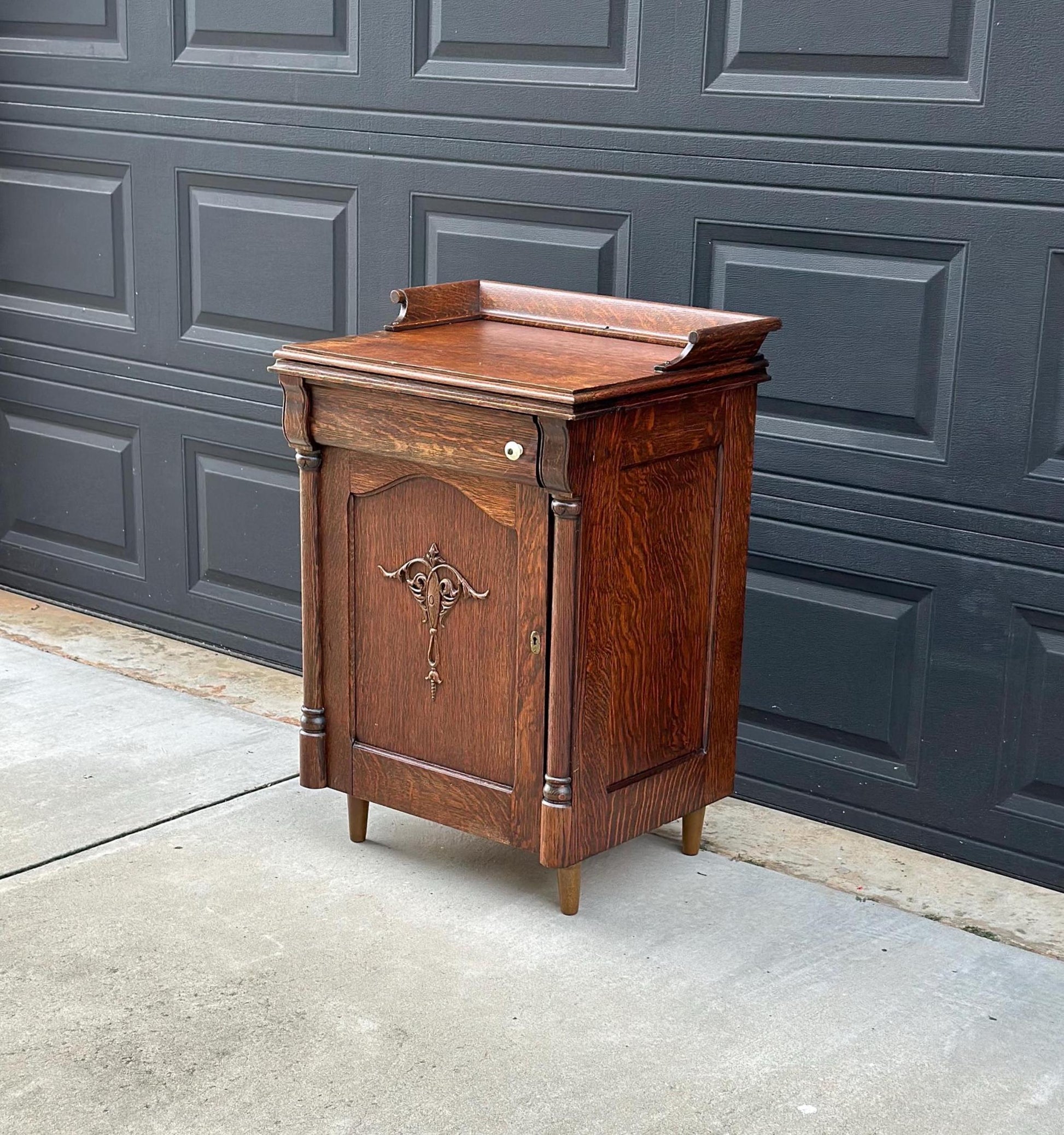 Antique Late 1800's Quarter Sawn Oak Carved Accent Cabinet