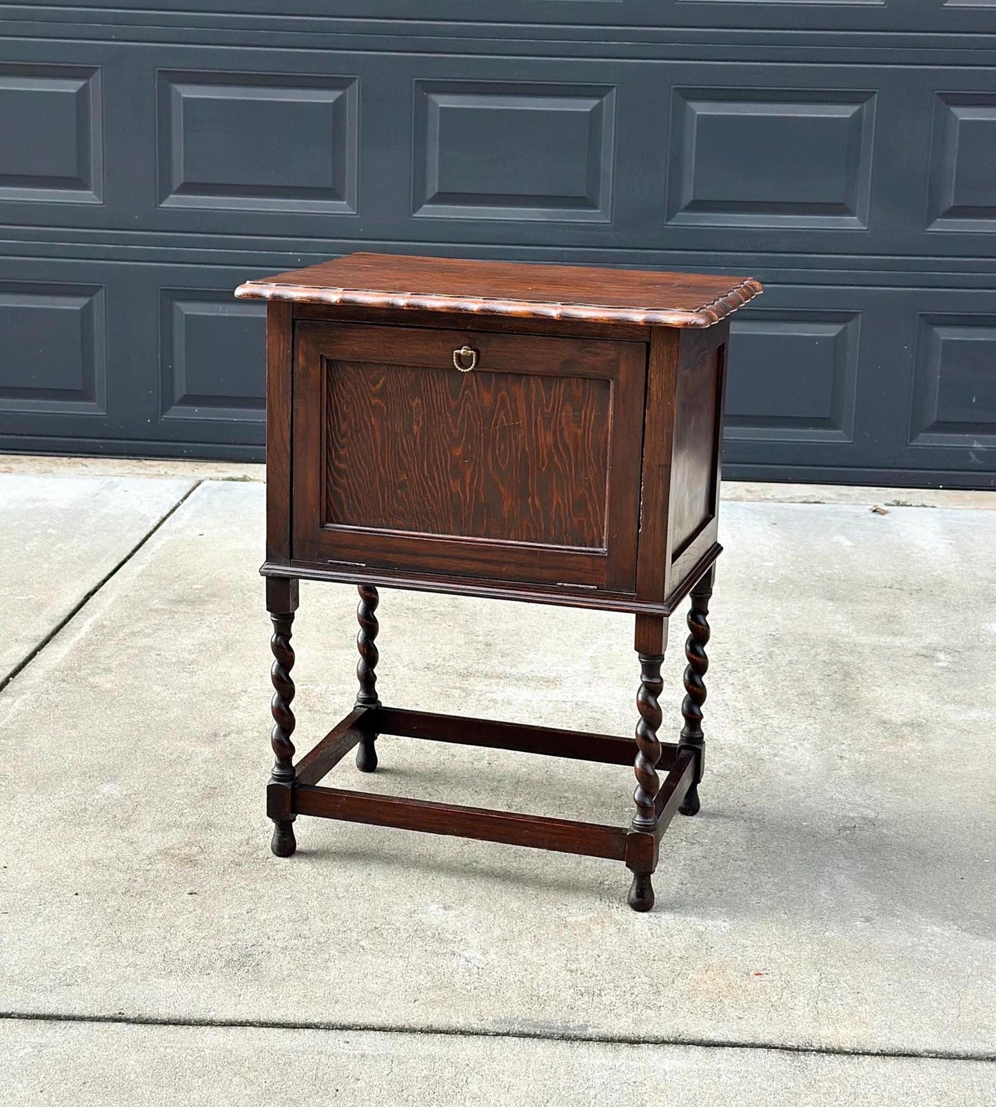 Antique Early 1900's Barley Twist Dark Oak Raised Accent Cabinet