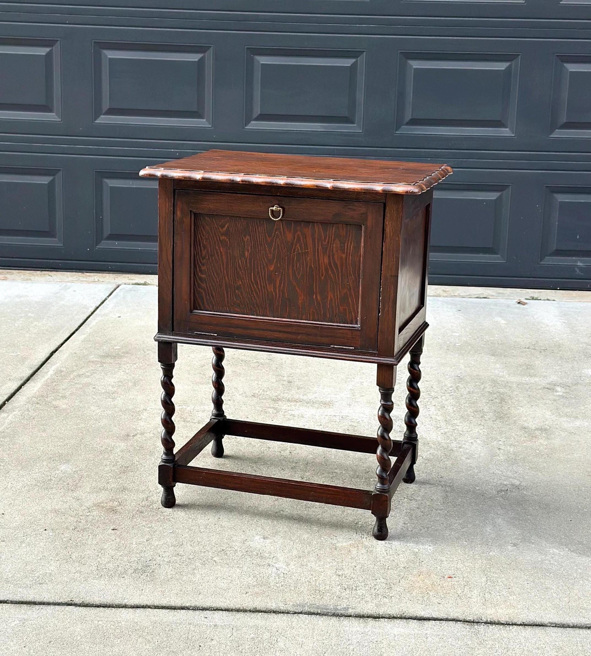 Antique Early 1900's Barley Twist Dark Oak Raised Accent Cabinet