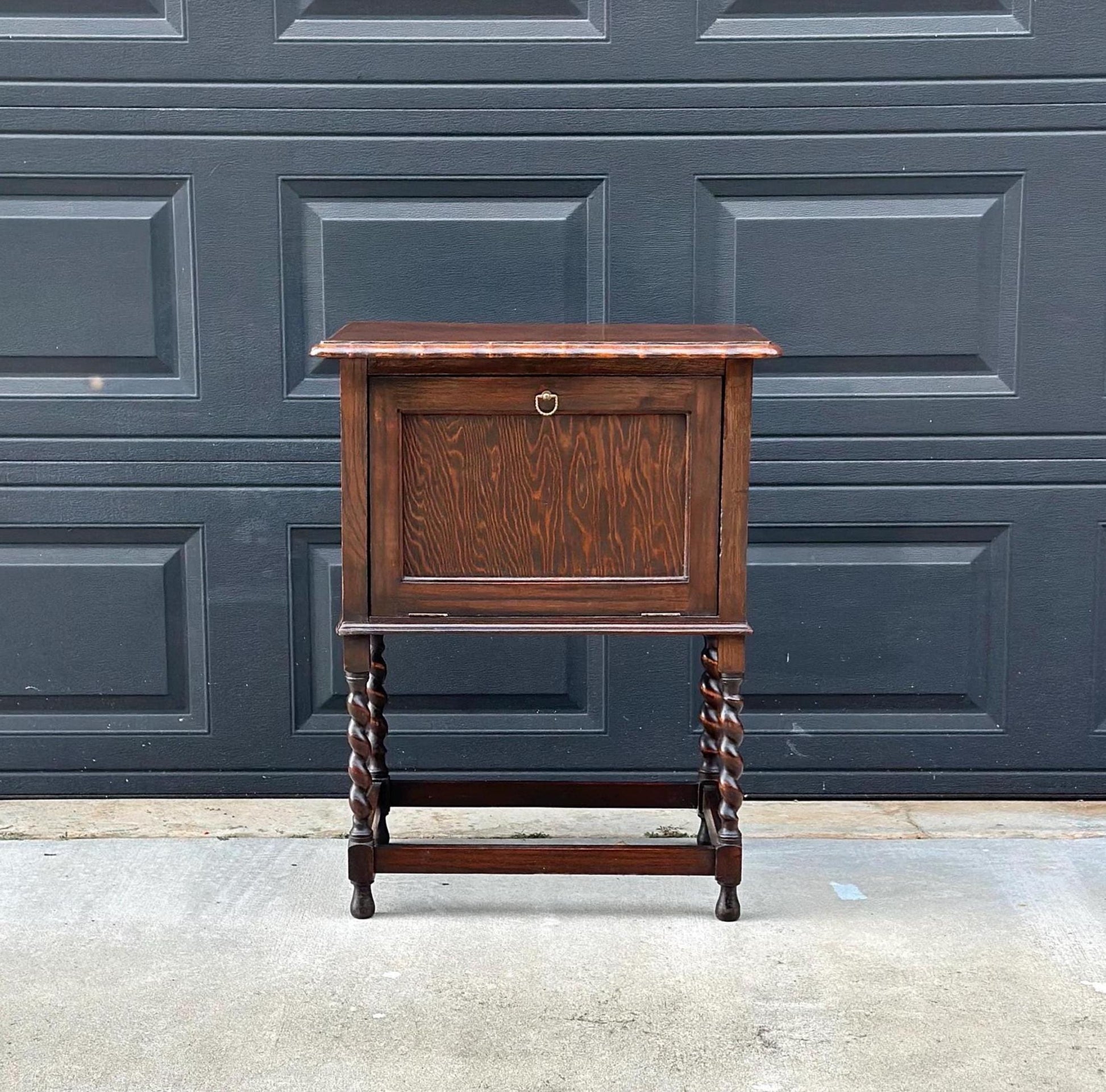 Antique Early 1900's Barley Twist Dark Oak Raised Accent Cabinet