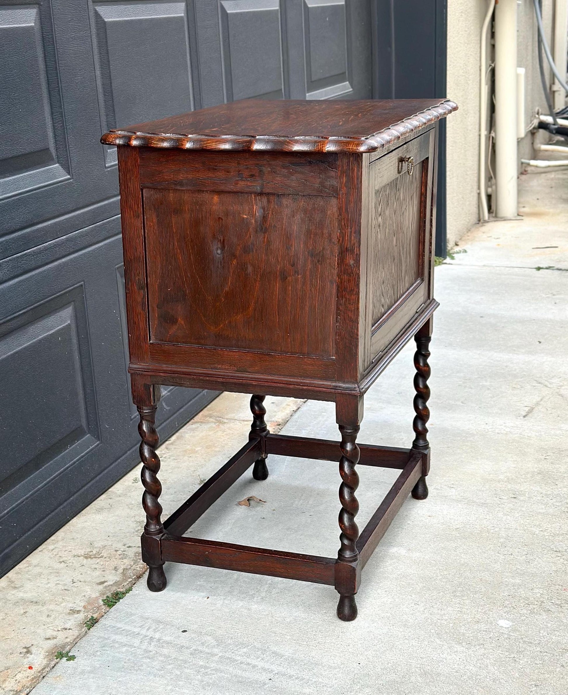 Antique Early 1900's Barley Twist Dark Oak Raised Accent Cabinet