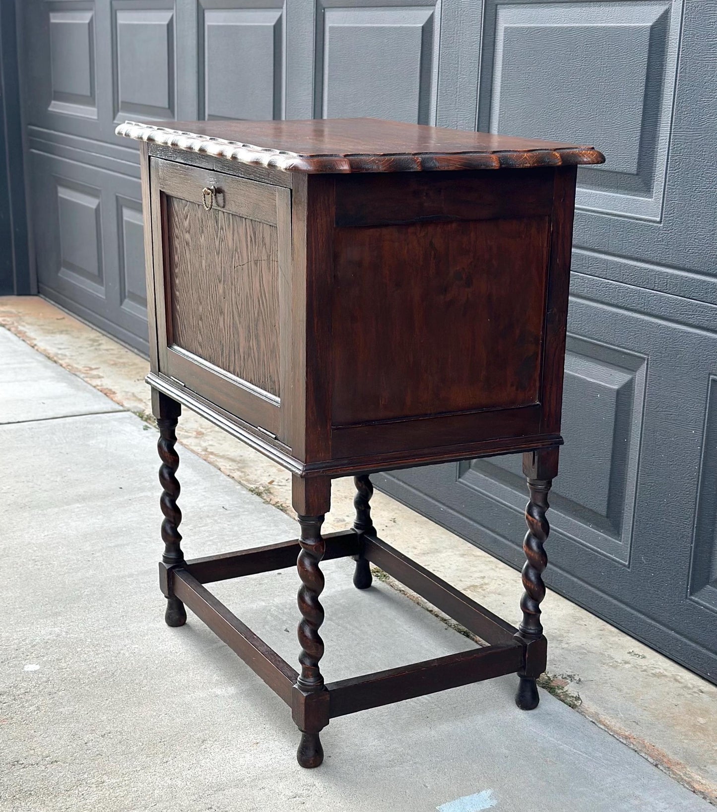 Antique Early 1900's Barley Twist Dark Oak Raised Accent Cabinet